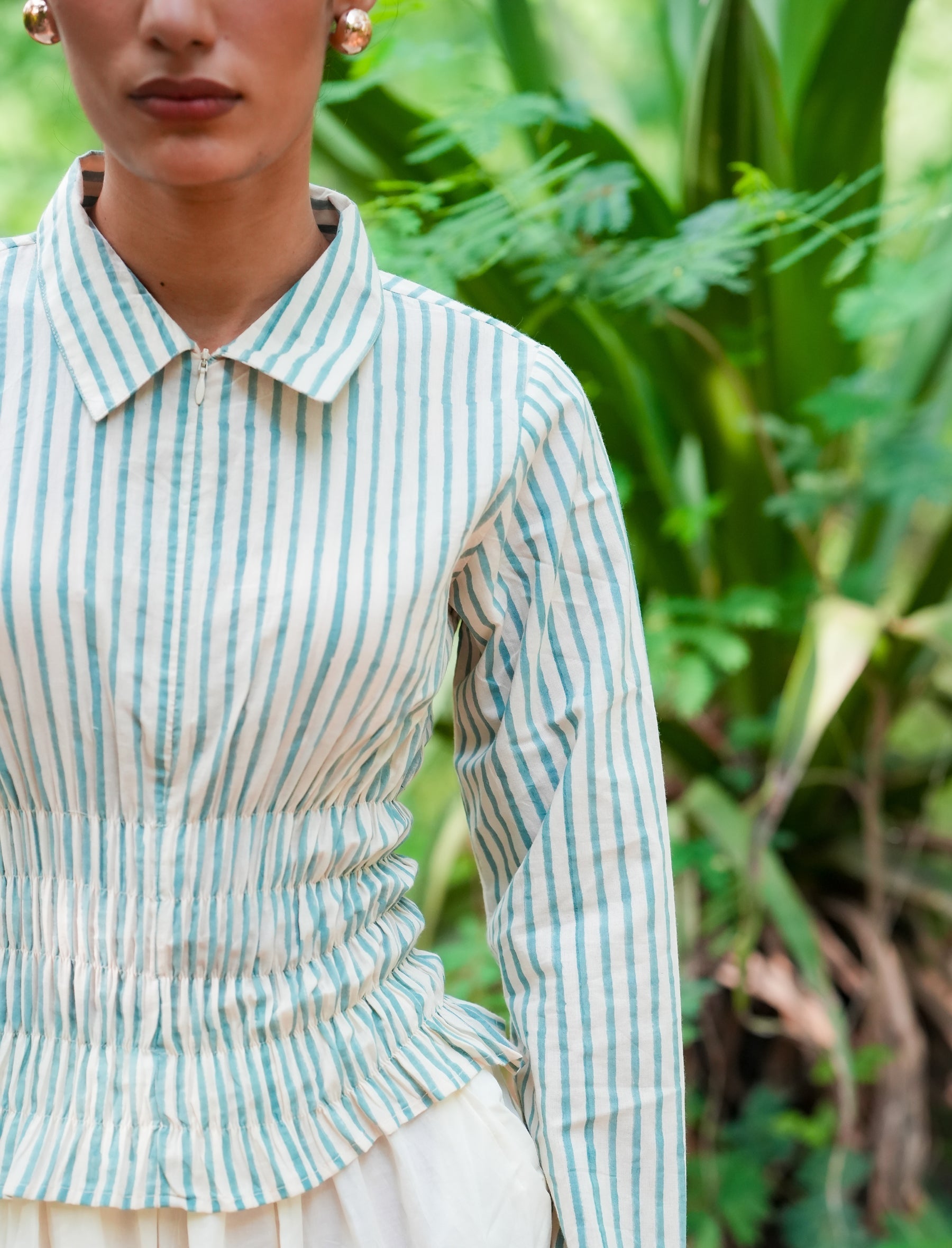 Striped Smocked Top with Front Zip