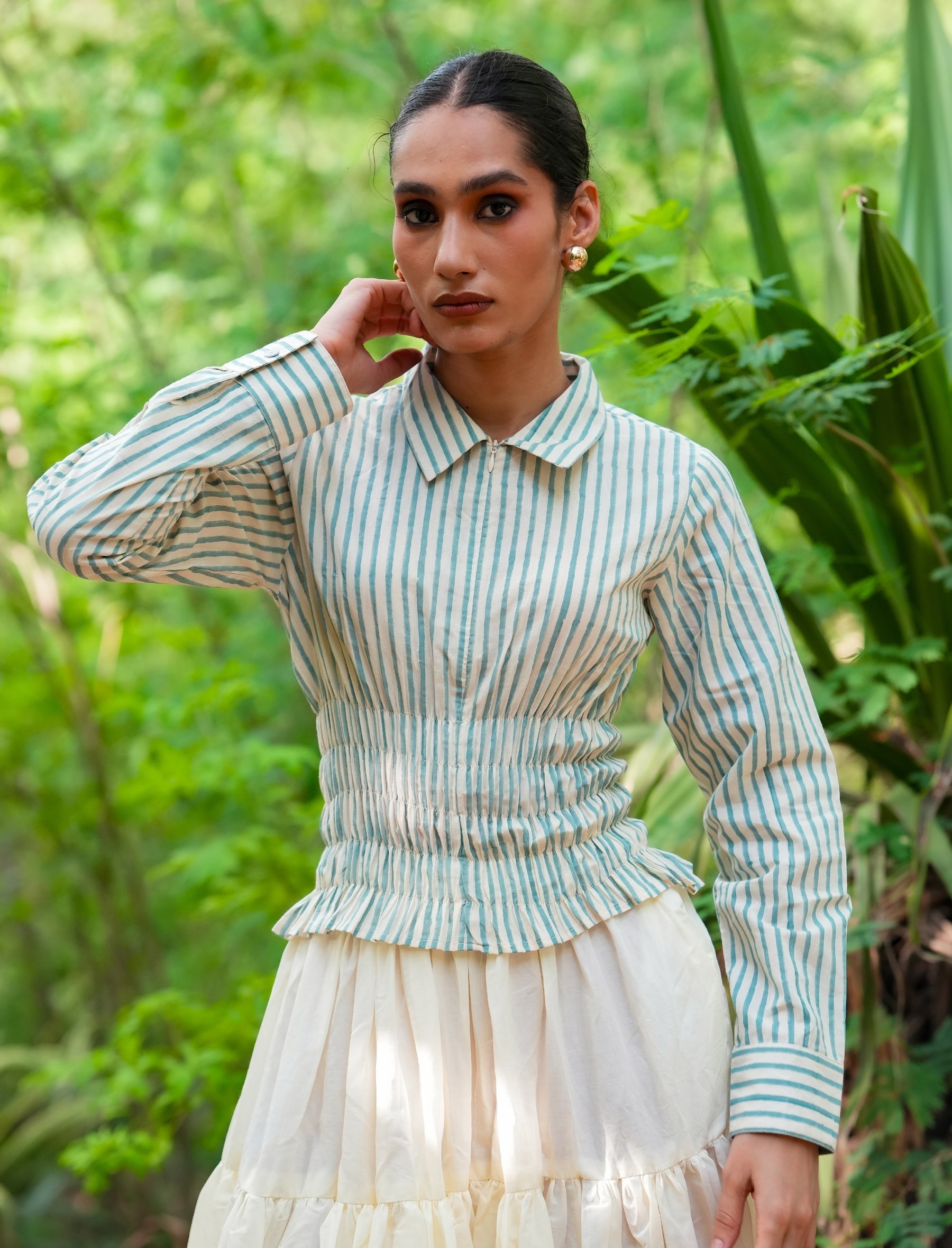 Striped Smocked Top with Front Zip