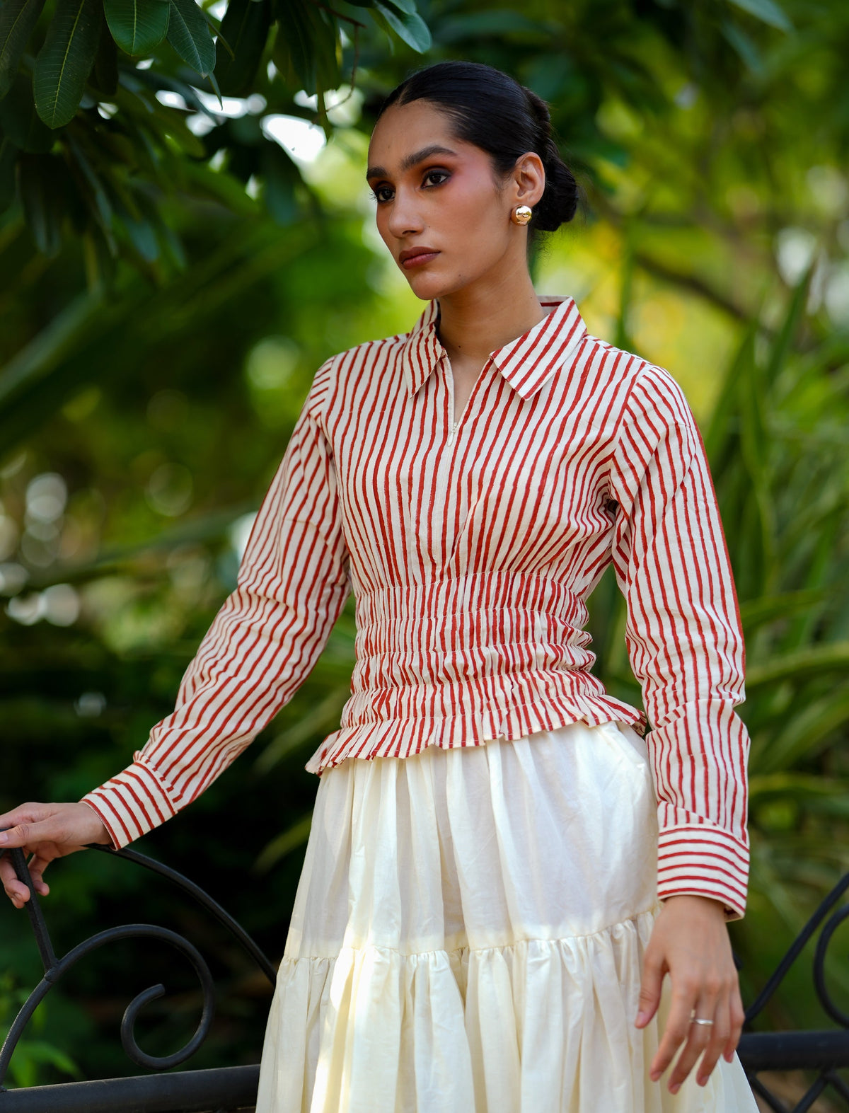 Striped Smocked Top with Front Zip