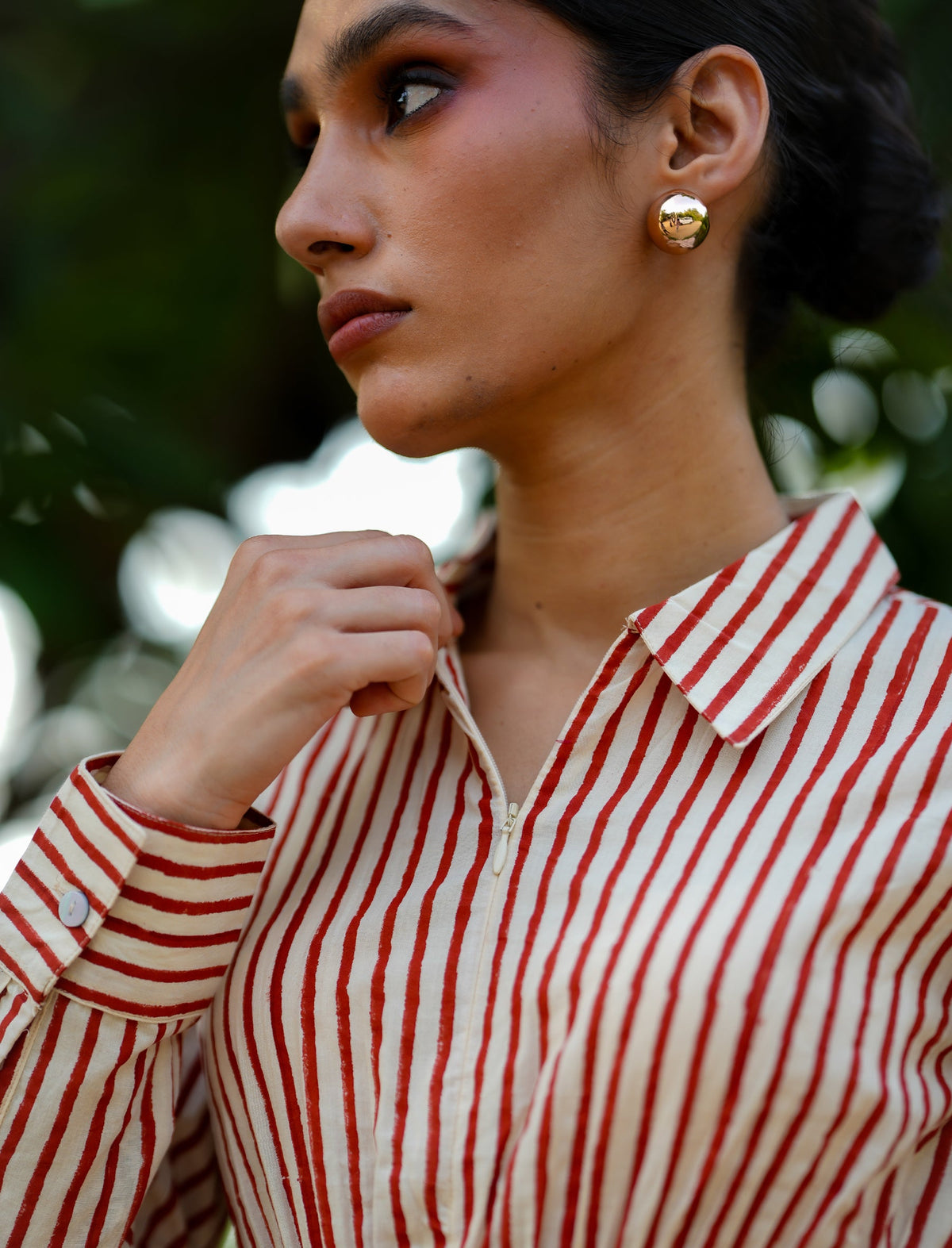 Striped Smocked Top with Front Zip