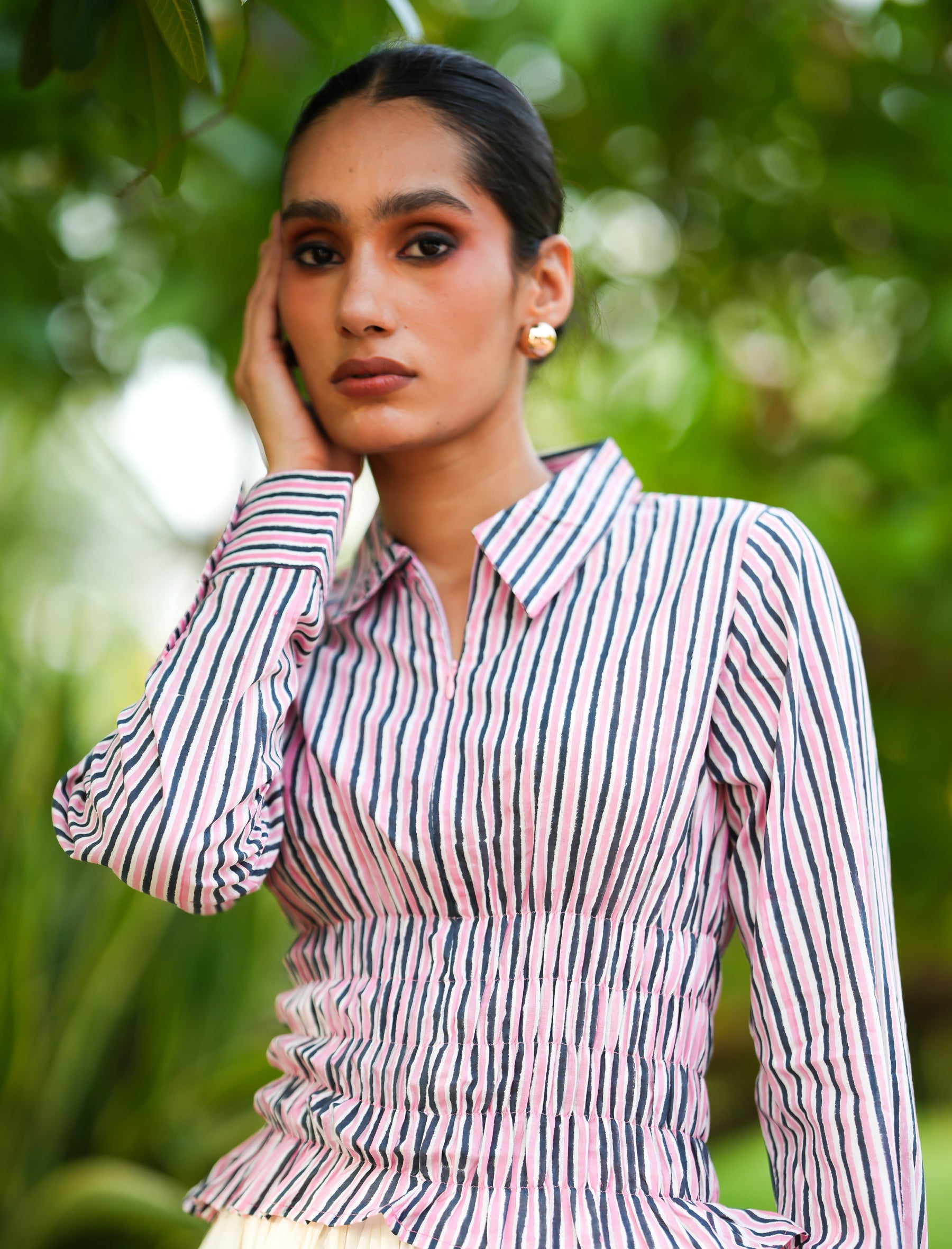 Striped Smocked Top with Front Zip