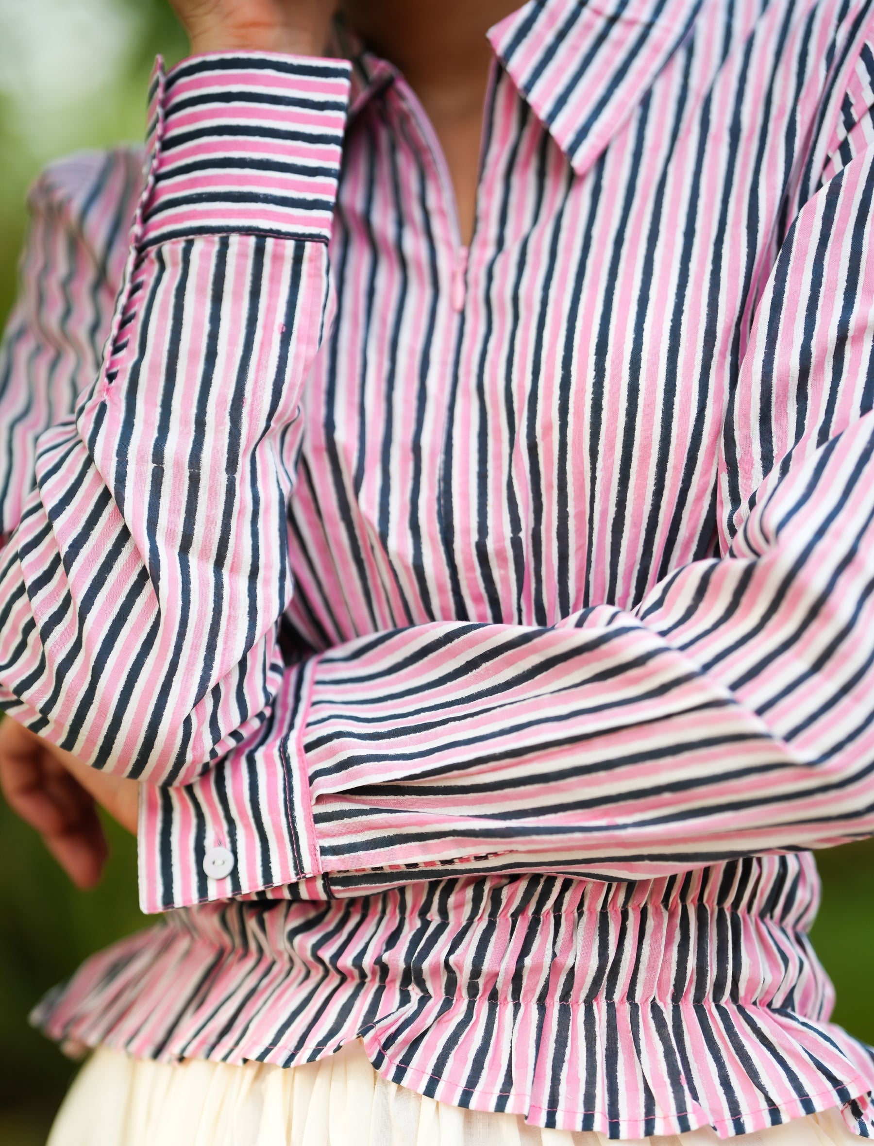 Striped Smocked Top with Front Zip