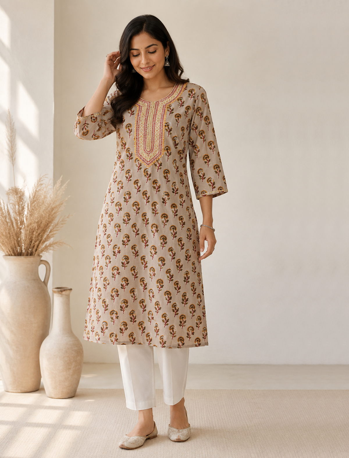 Beige Butti Printed Cotton Straight Kurti With Front Yoke Hand Embroidery Work
