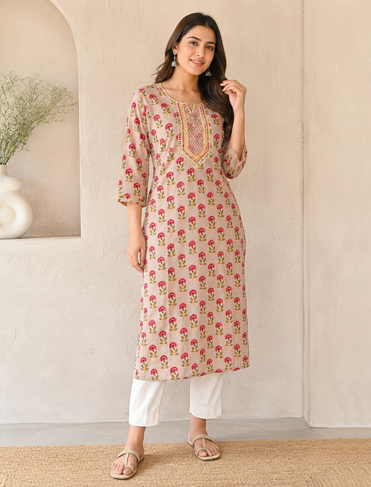 Beige Butti Printed Cotton Straight Kurti With Front Yoke Hand Embroidery Work