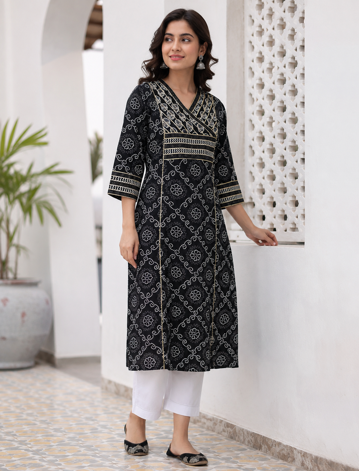 Black Bandhej Printed Cotton Straight Kurti