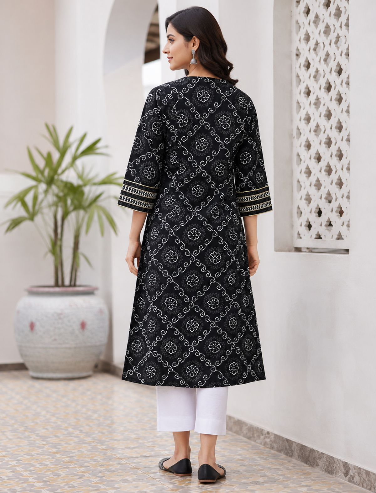 Black Bandhej Printed Cotton Straight Kurti
