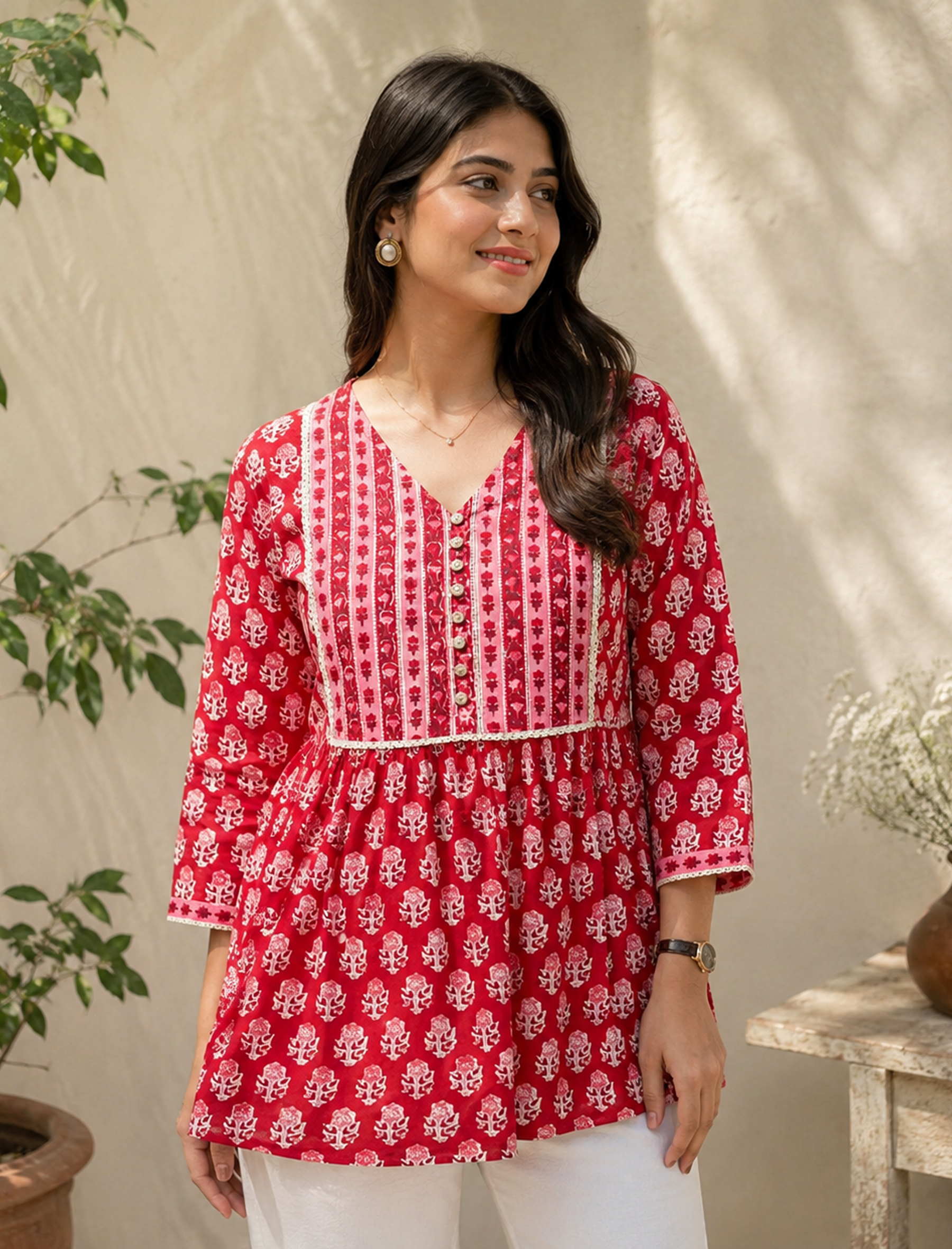 Red Hand Block Cotton Printed Top With Front Buttons