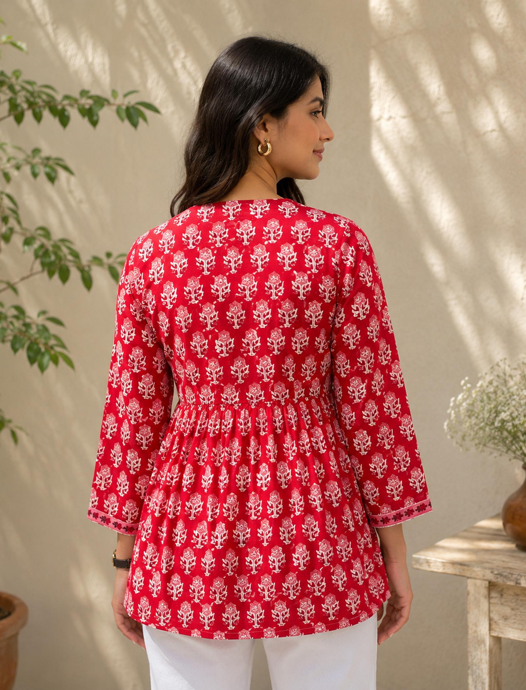 Red Hand Block Cotton Printed Top With Front Buttons