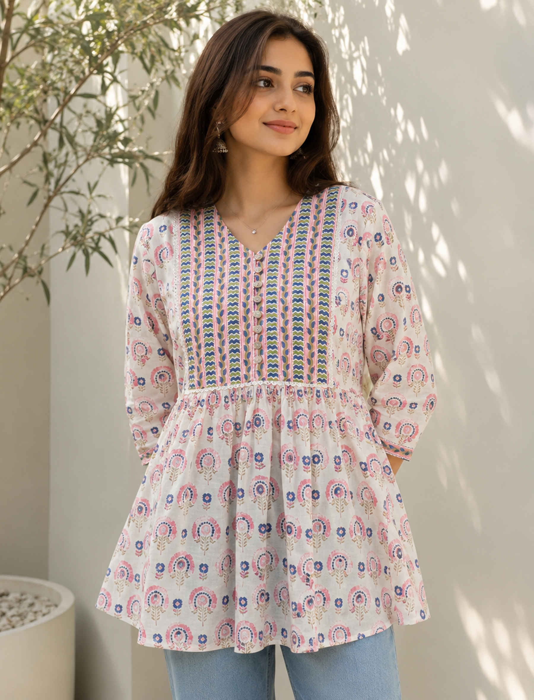 White Hand Block Cotton Printed Top With Front Buttons