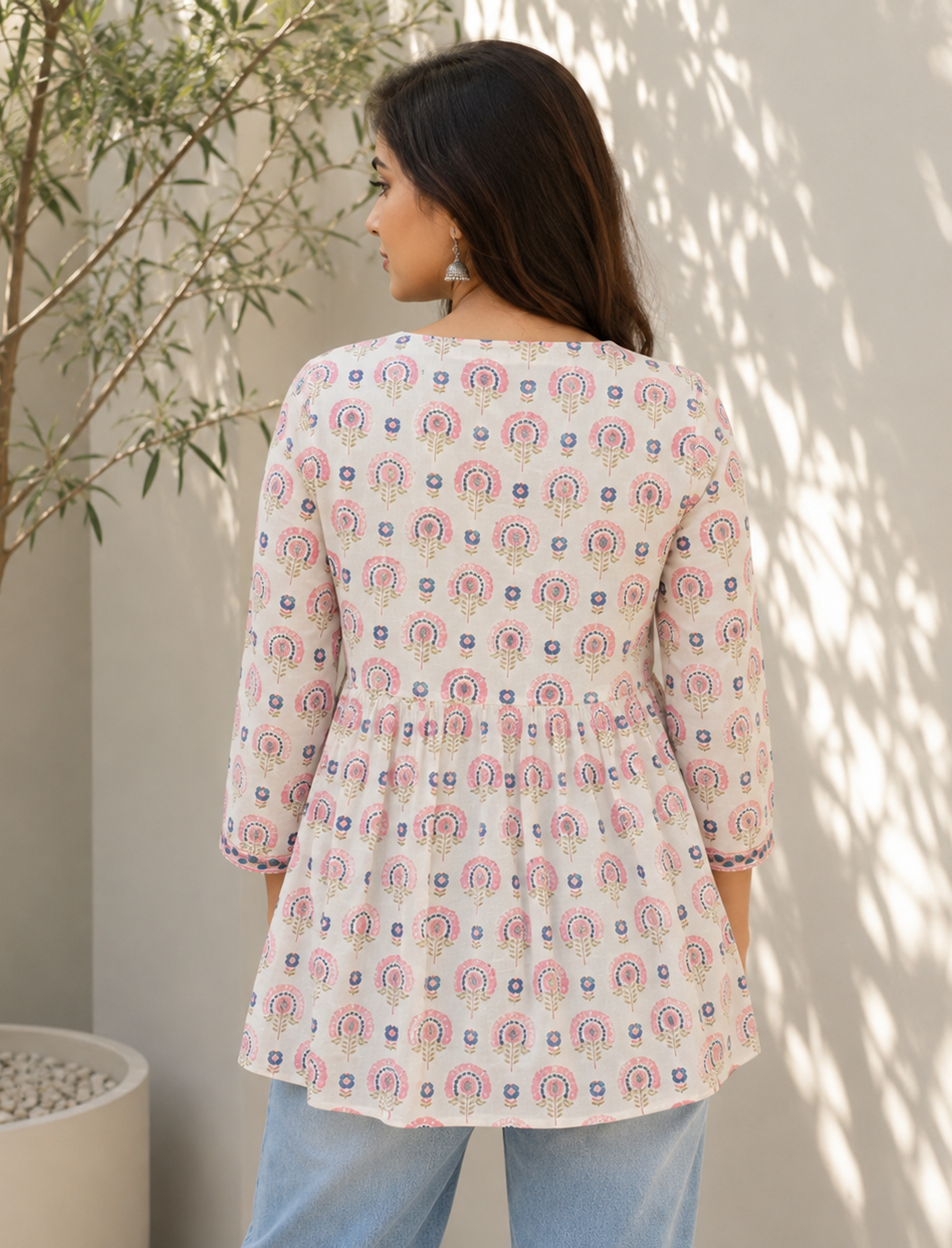 White Hand Block Cotton Printed Top With Front Buttons