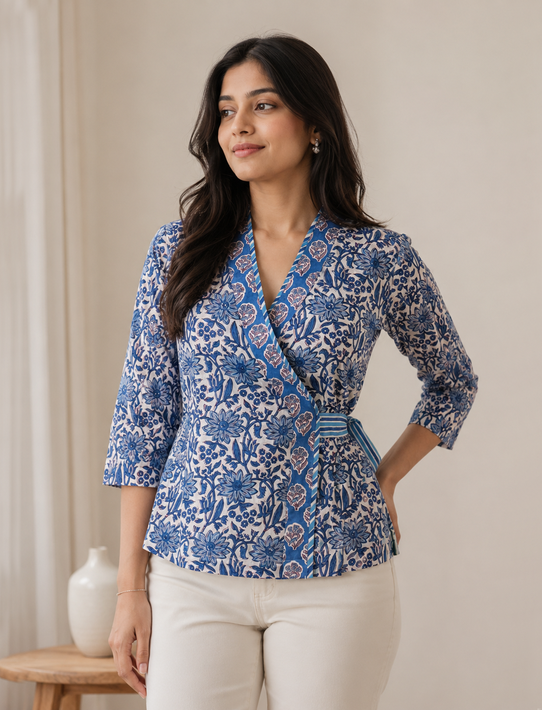 Blue Hand Block Cotton Tie Up Top With Waist Belt