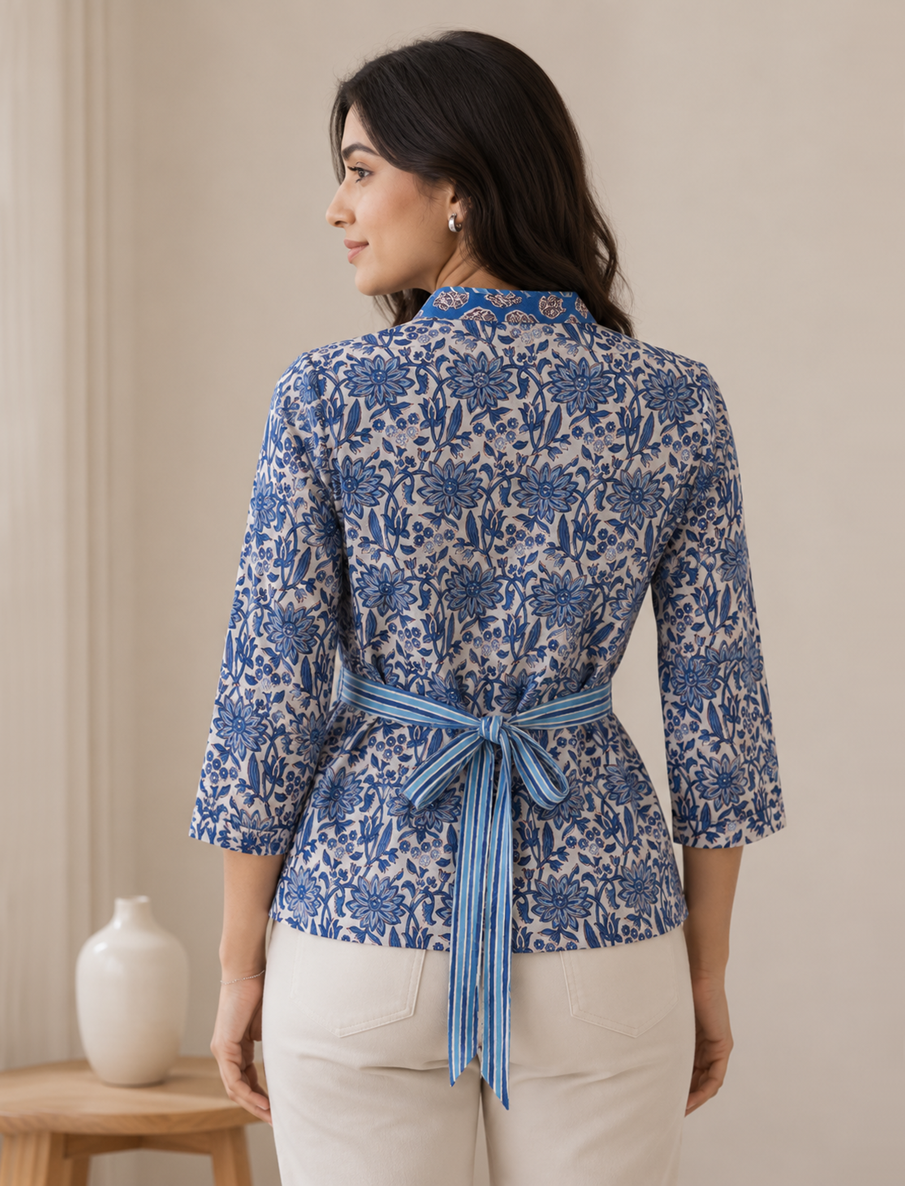 Blue Hand Block Cotton Tie Up Top With Waist Belt