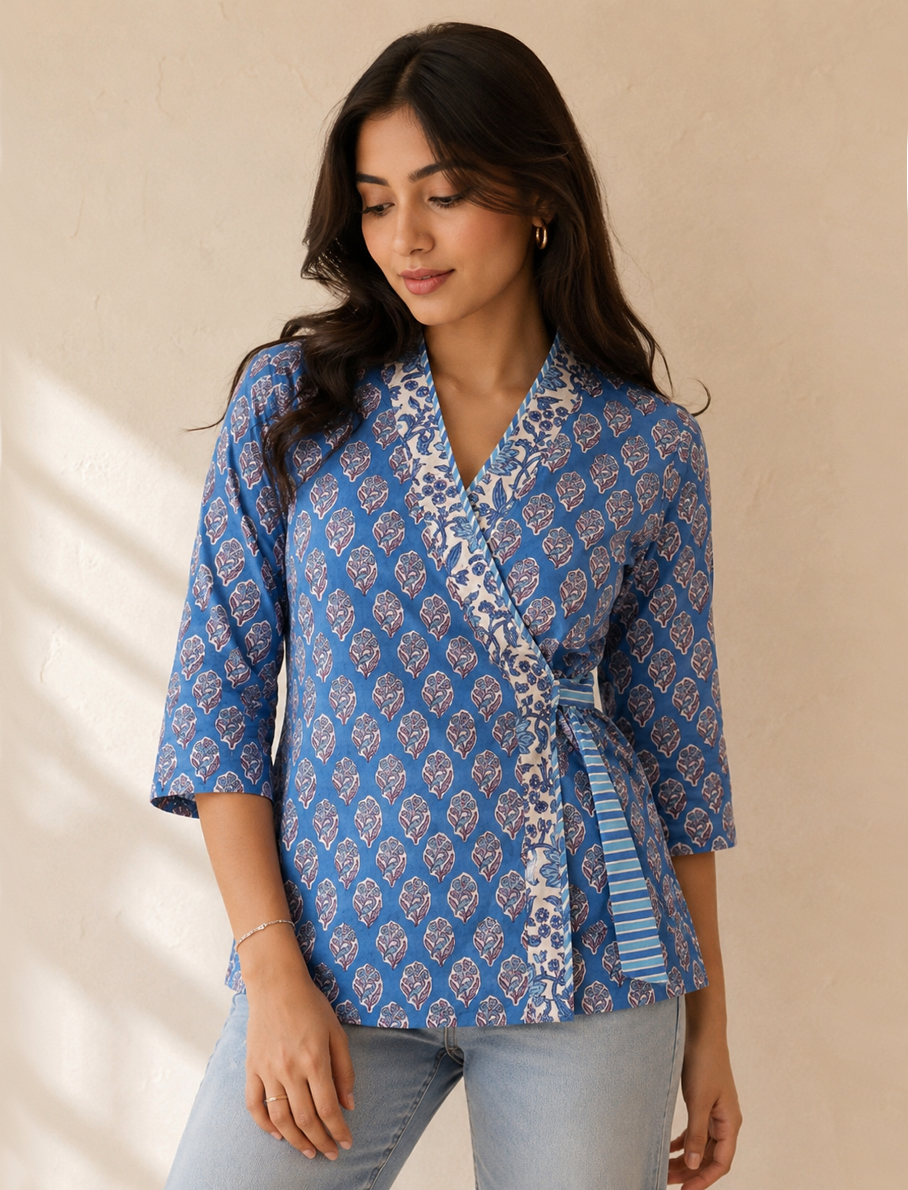 Blue Hand Block Cotton Tie Up Top With Waist Belt