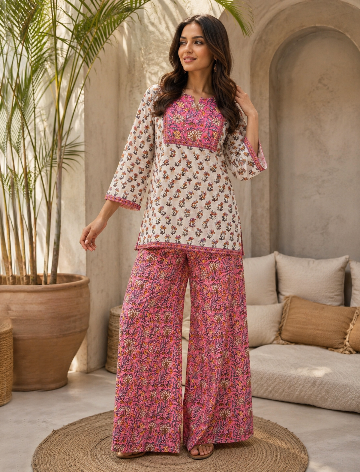 White Butti Hand Block Printed Cotton Co-Ord Set