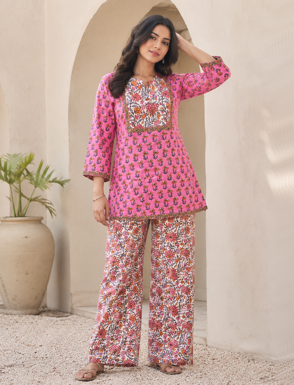 Pink Butti Hand Block Printed Cotton Co-Ord Set