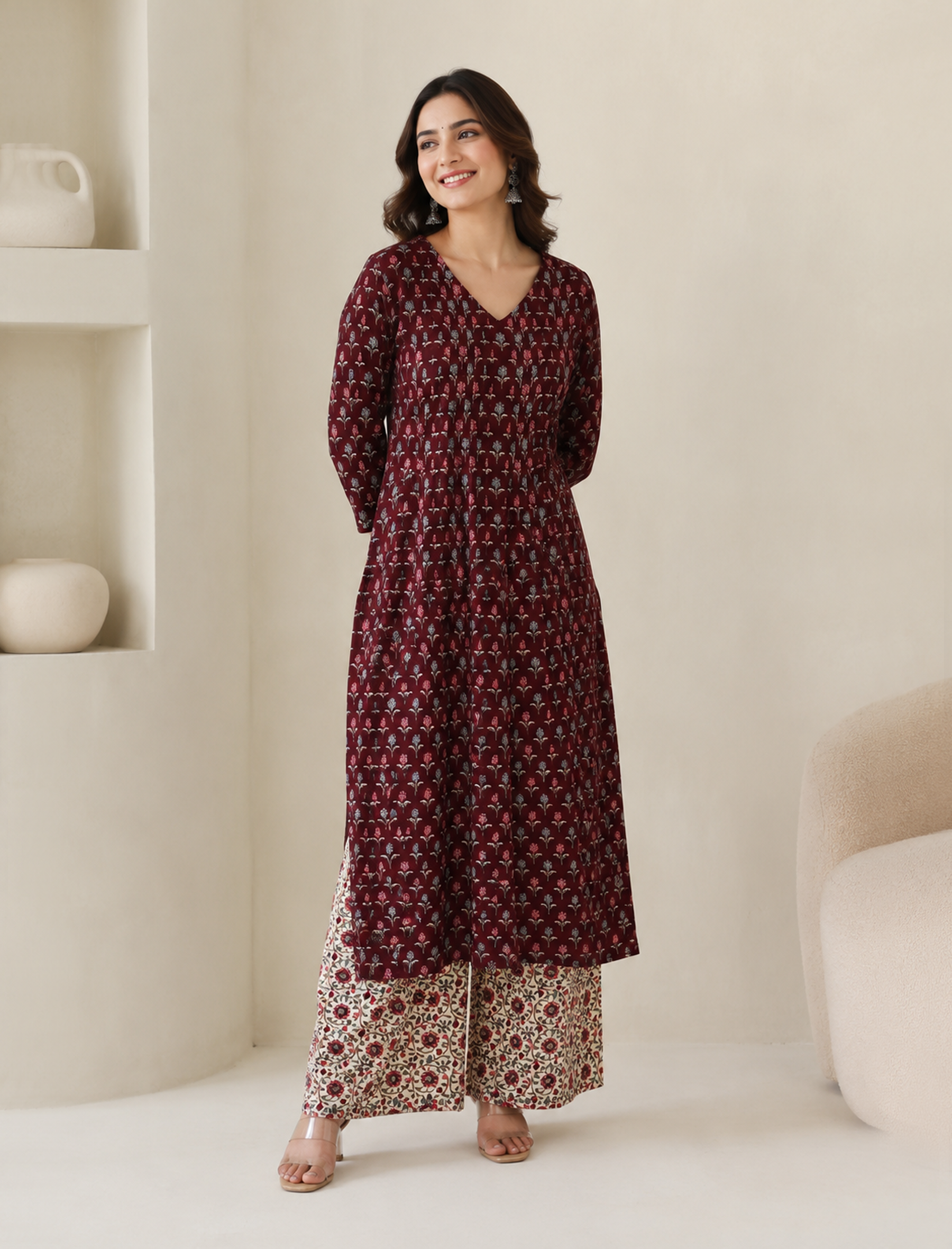 Maroon Block Printed Cotton Kurta Pant Set