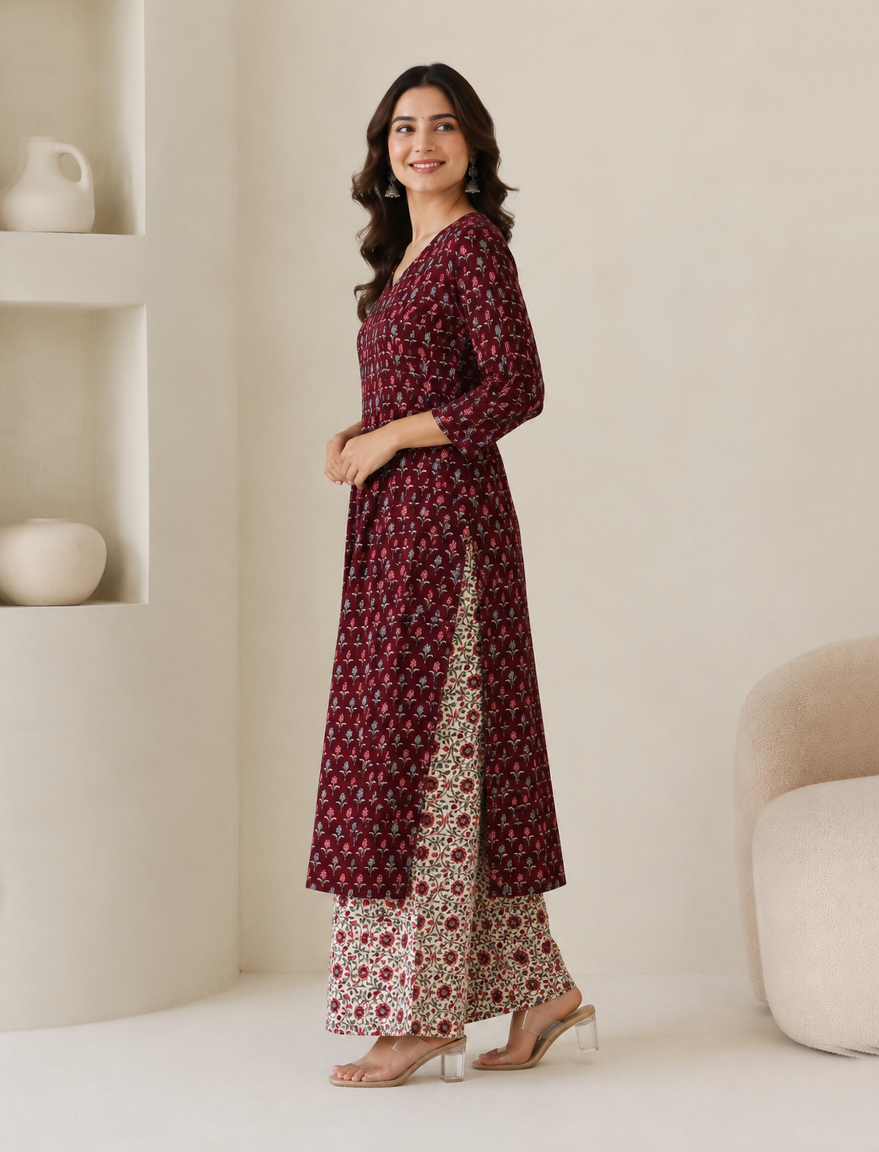 Maroon Block Printed Cotton Kurta Pant Set
