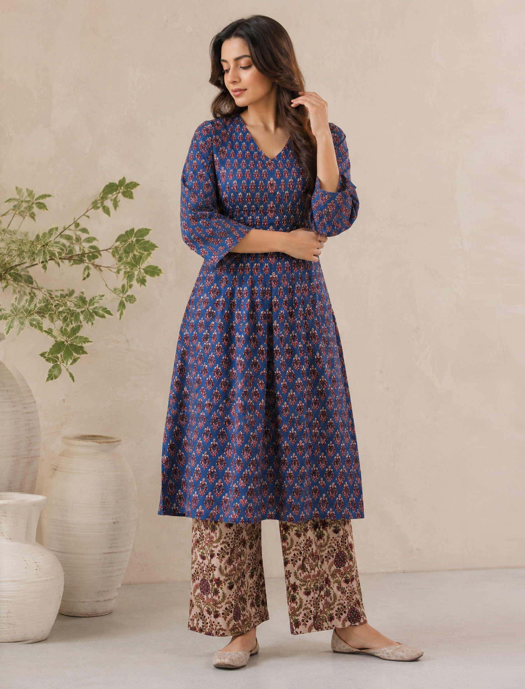 Blue Block Printed Cotton Kurta Pant Set