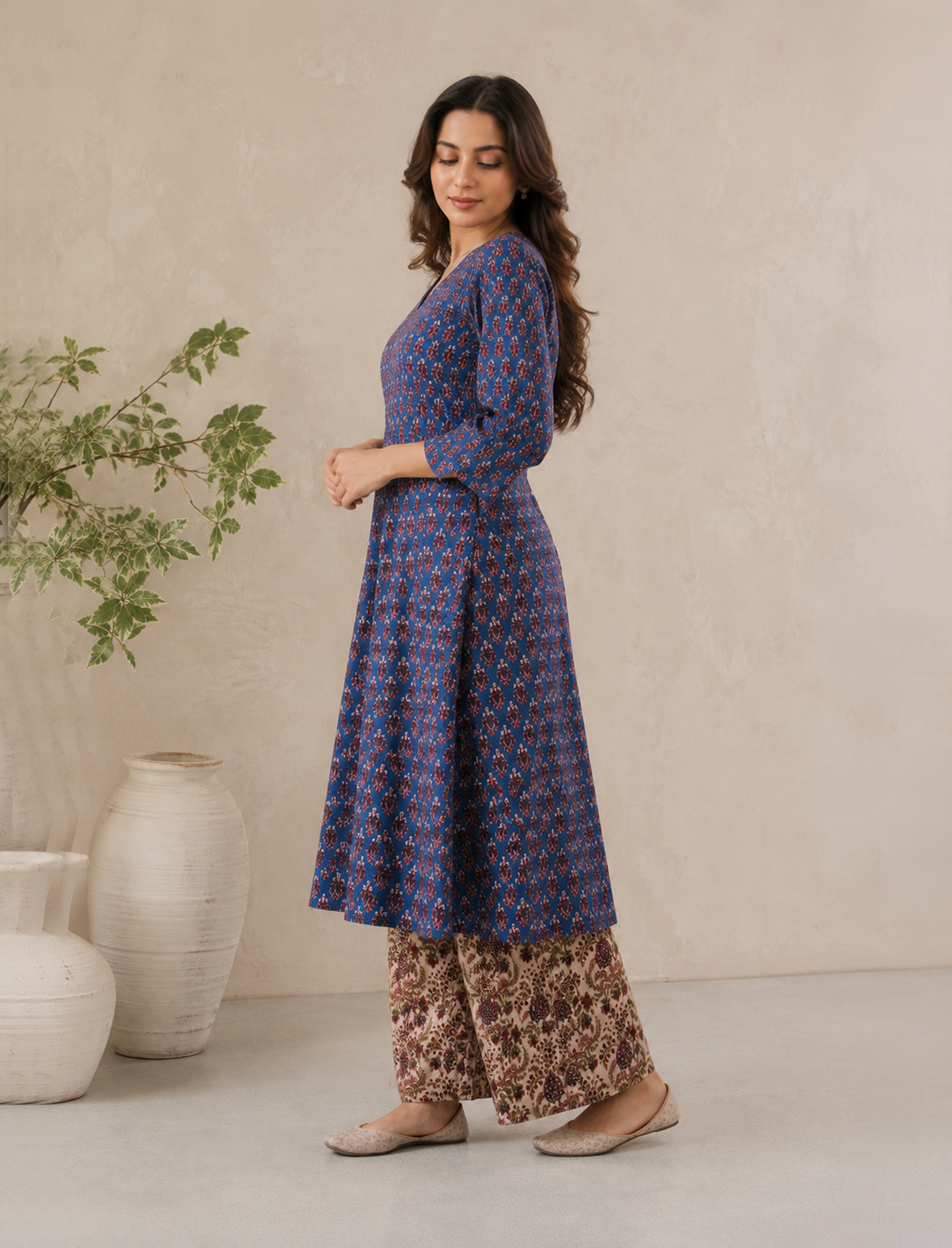 Blue Block Printed Cotton Kurta Pant Set