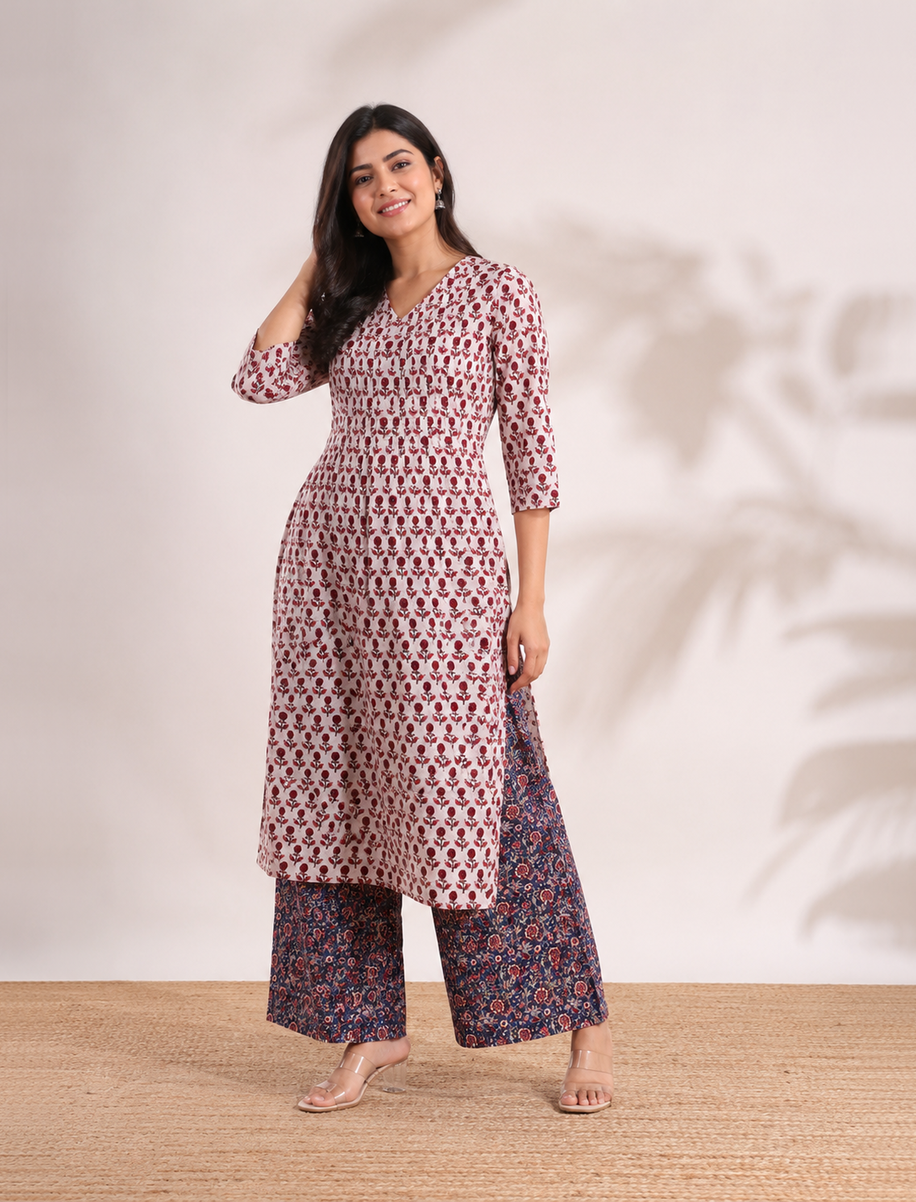 White Block Printed Cotton Kurta Pant Set