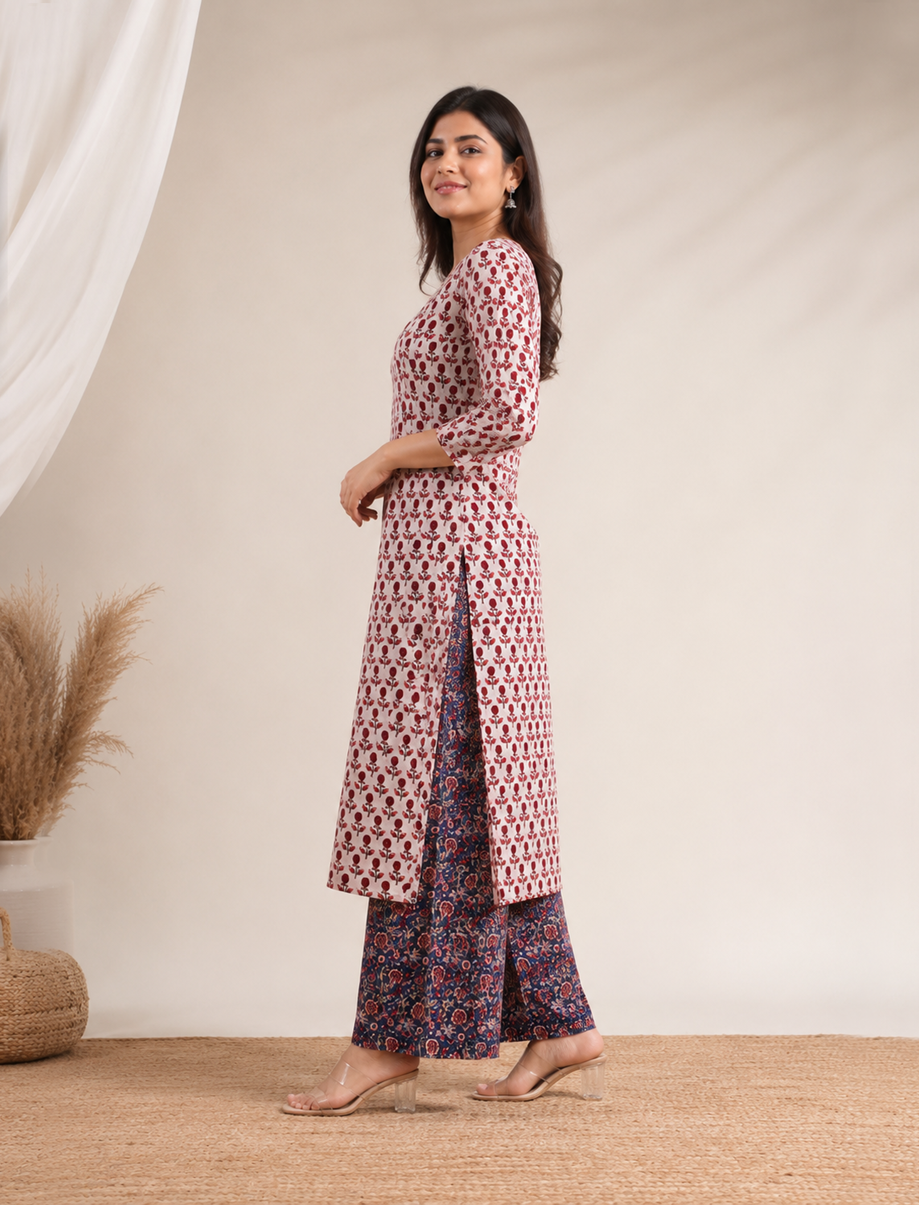 White Block Printed Cotton Kurta Pant Set