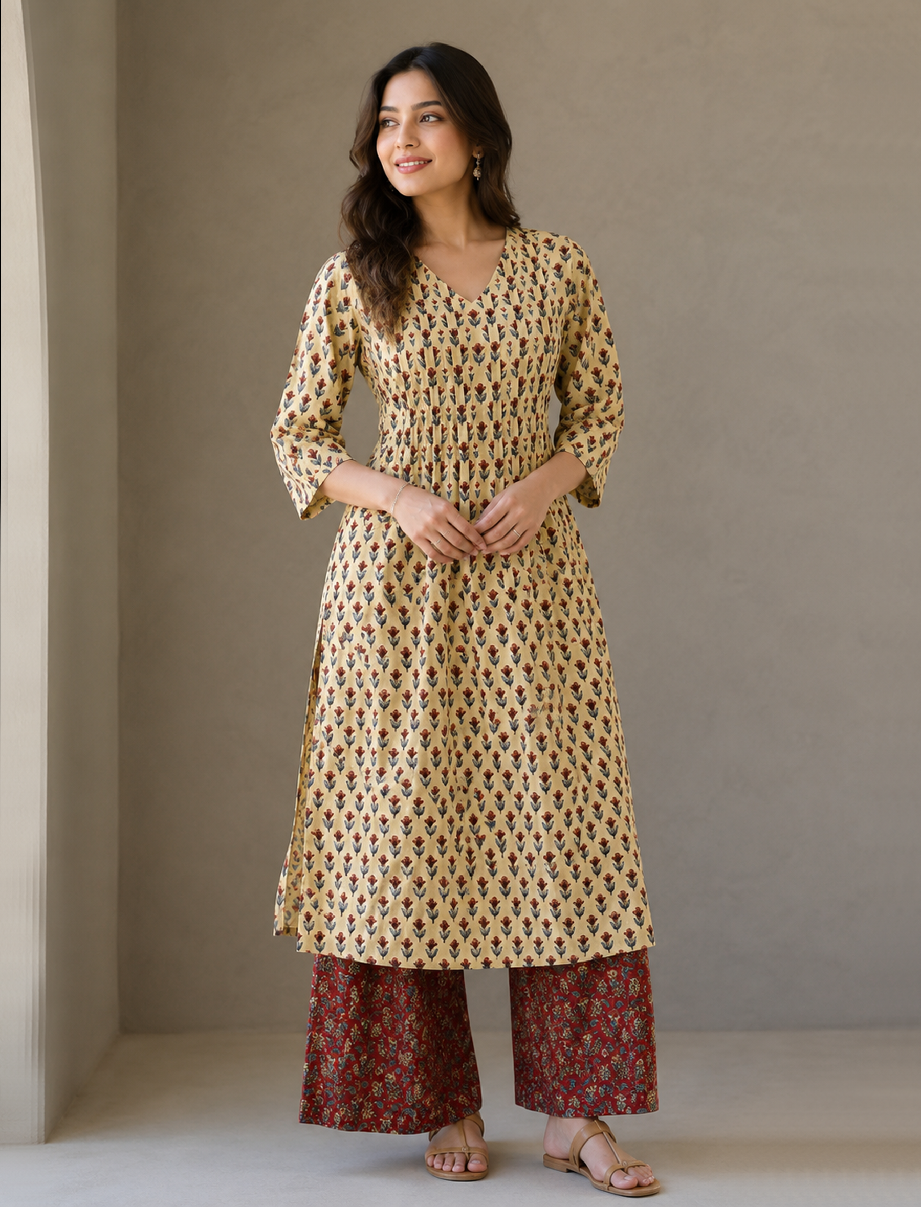 Cream Block Printed Cotton Kurta Pant Set