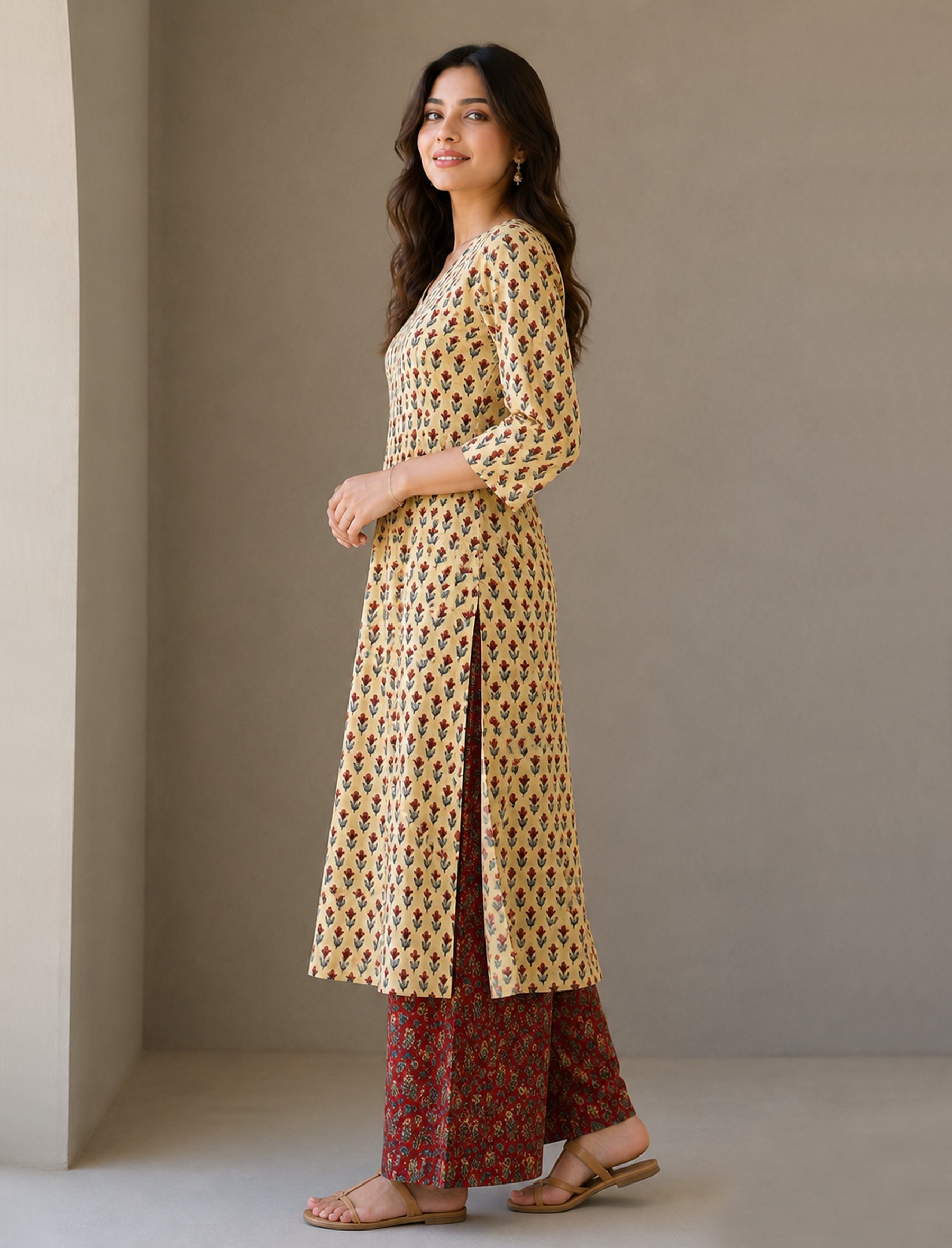 Cream Block Printed Cotton Kurta Pant Set