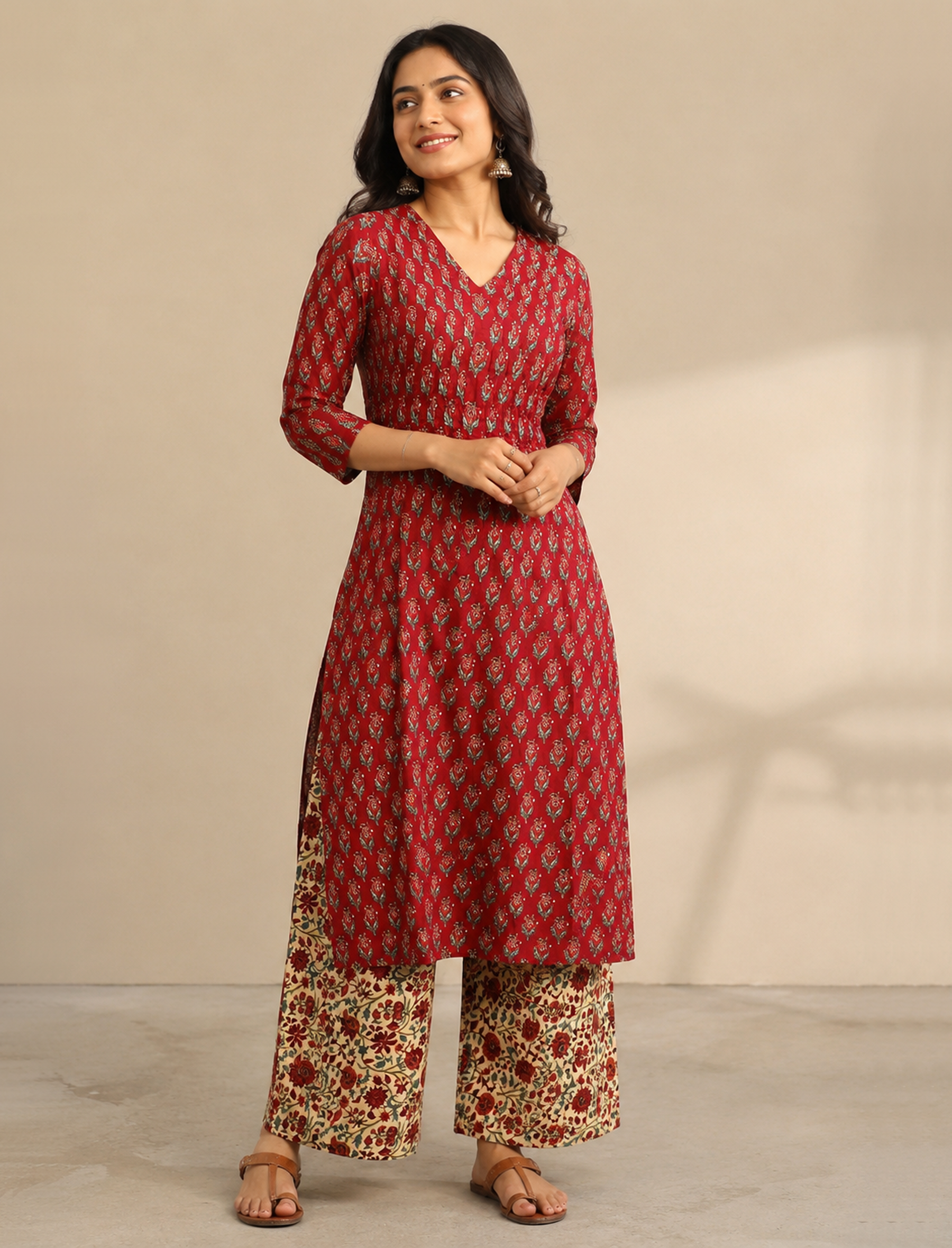 Red Block Printed Cotton Kurta Pant Set