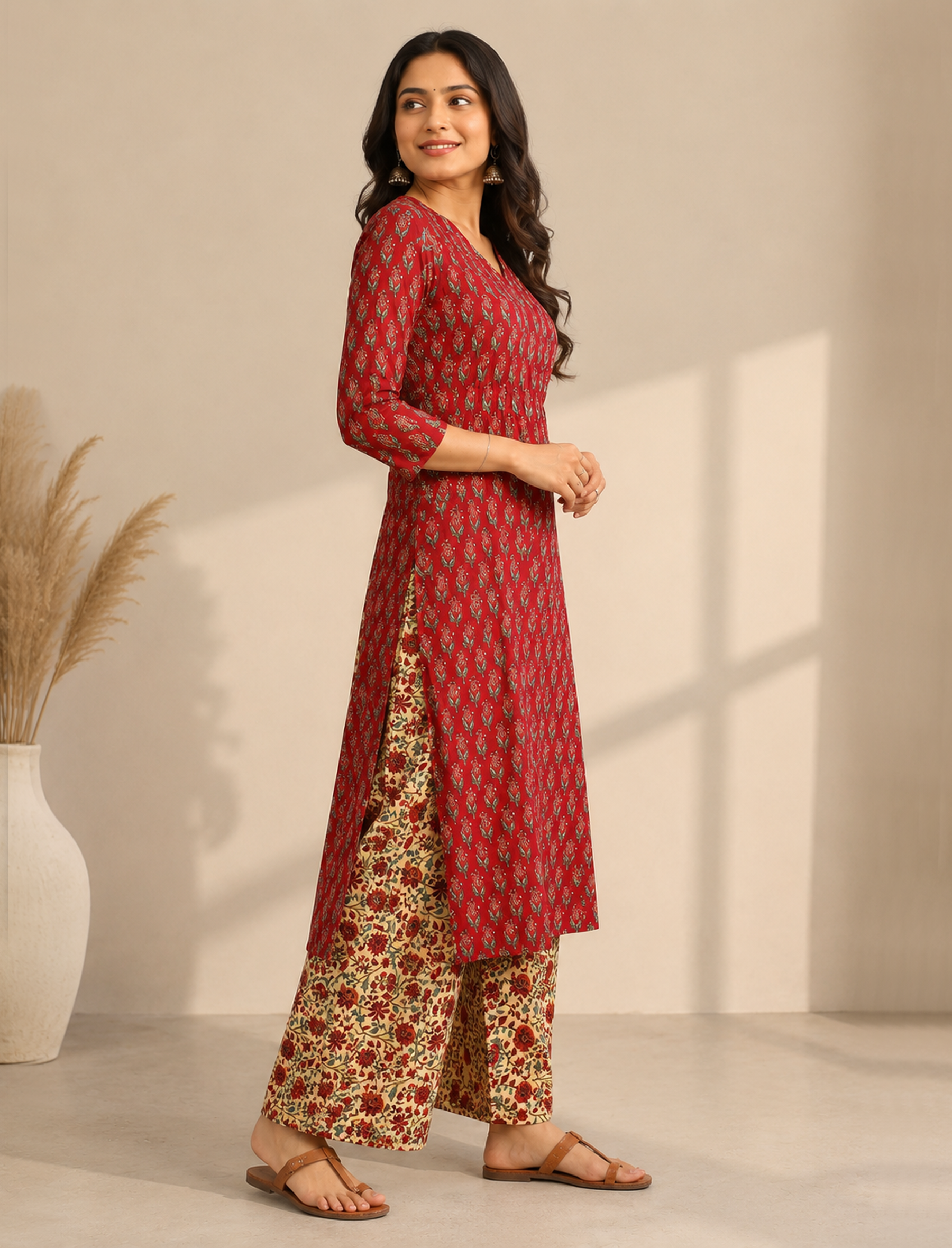 Red Block Printed Cotton Kurta Pant Set