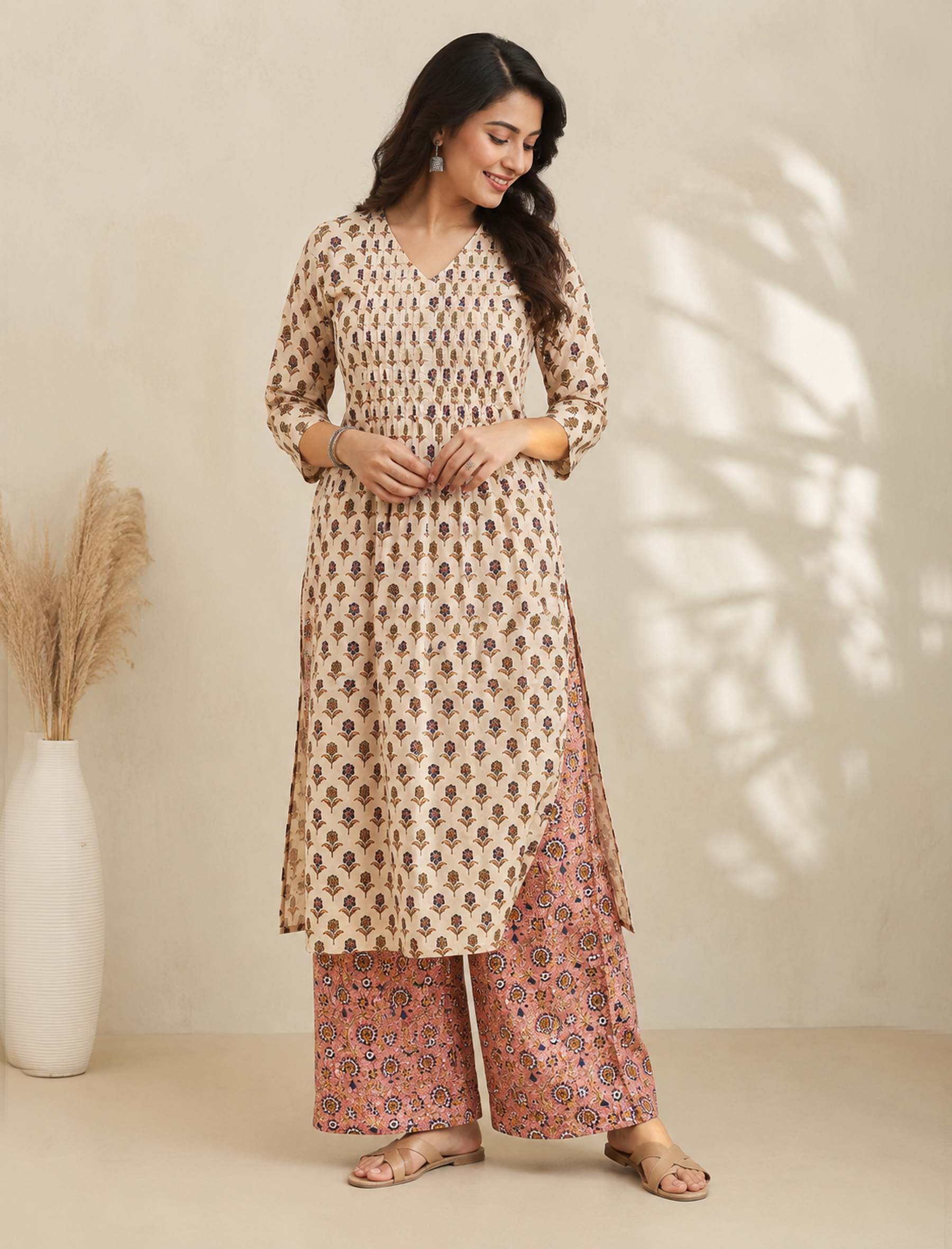 Beige Block Printed Cotton Kurta Pant Set
