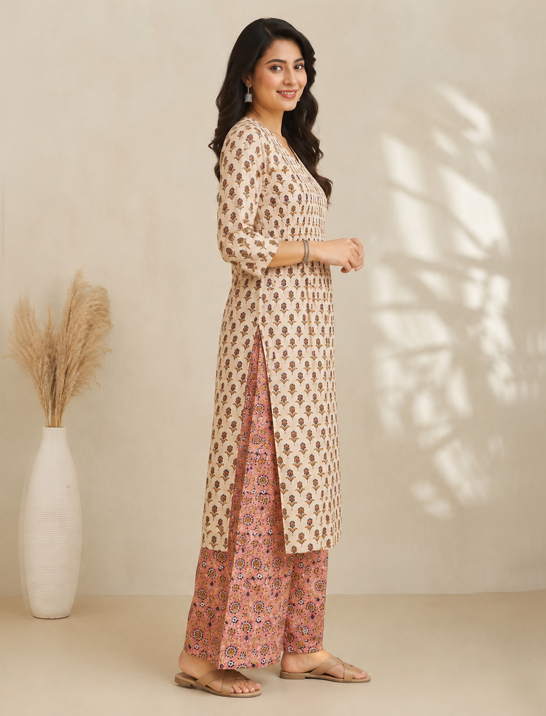 Beige Block Printed Cotton Kurta Pant Set