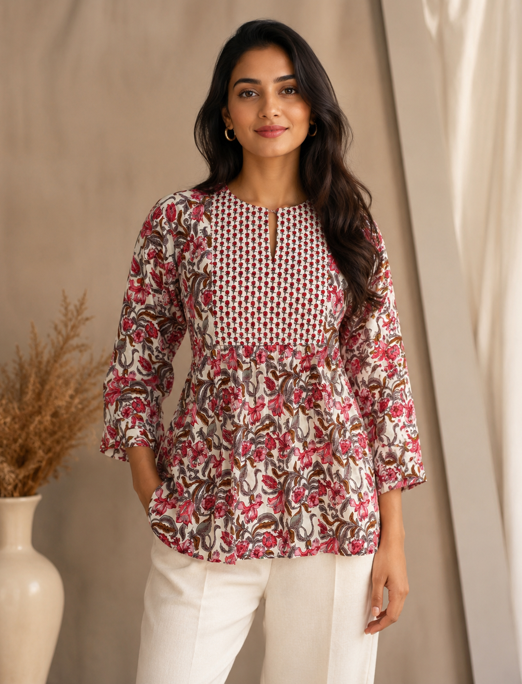 White Red Jaal Hand Block Printed Cotton Top