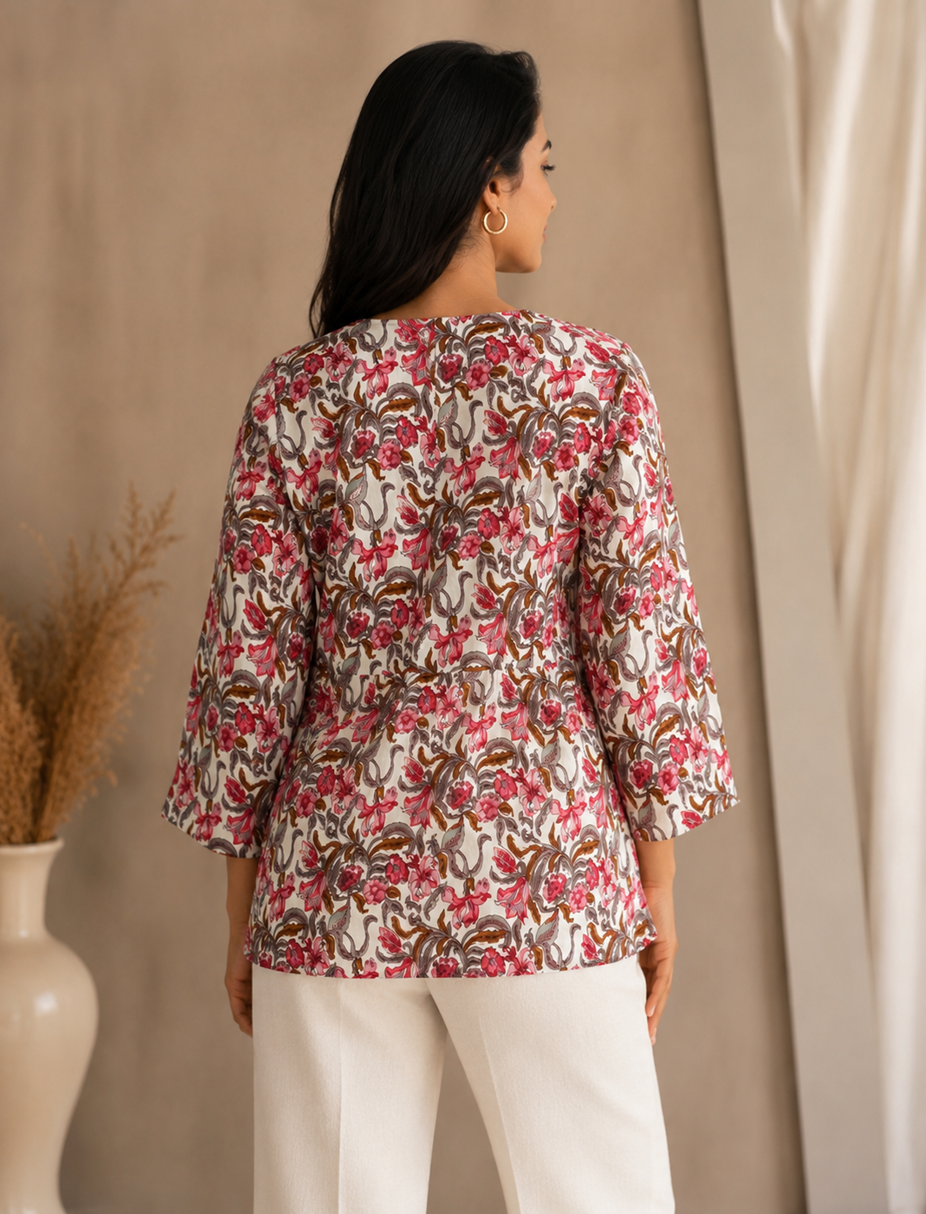 White Red Jaal Hand Block Printed Cotton Top
