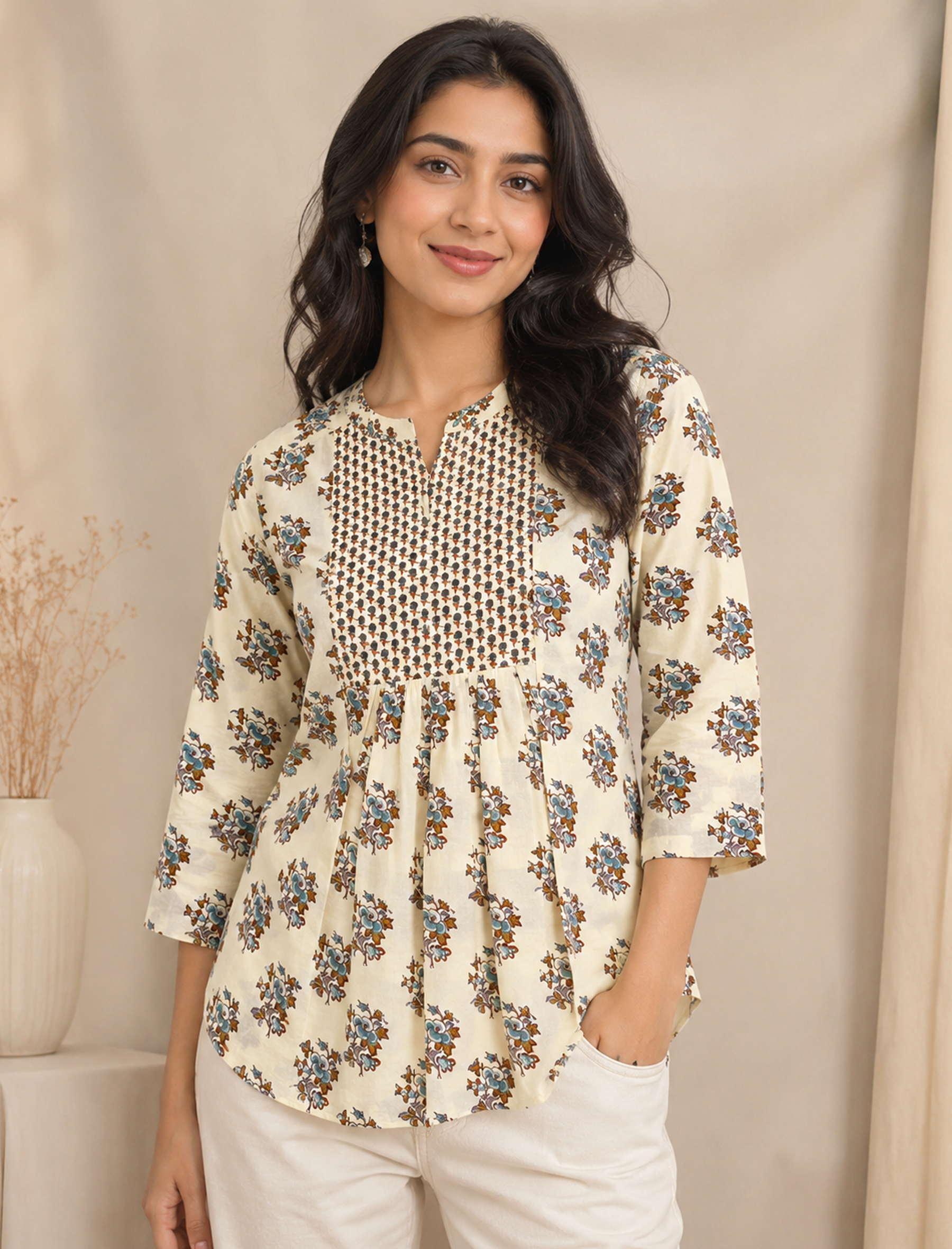 White Butta Hand Block Printed Cotton Top