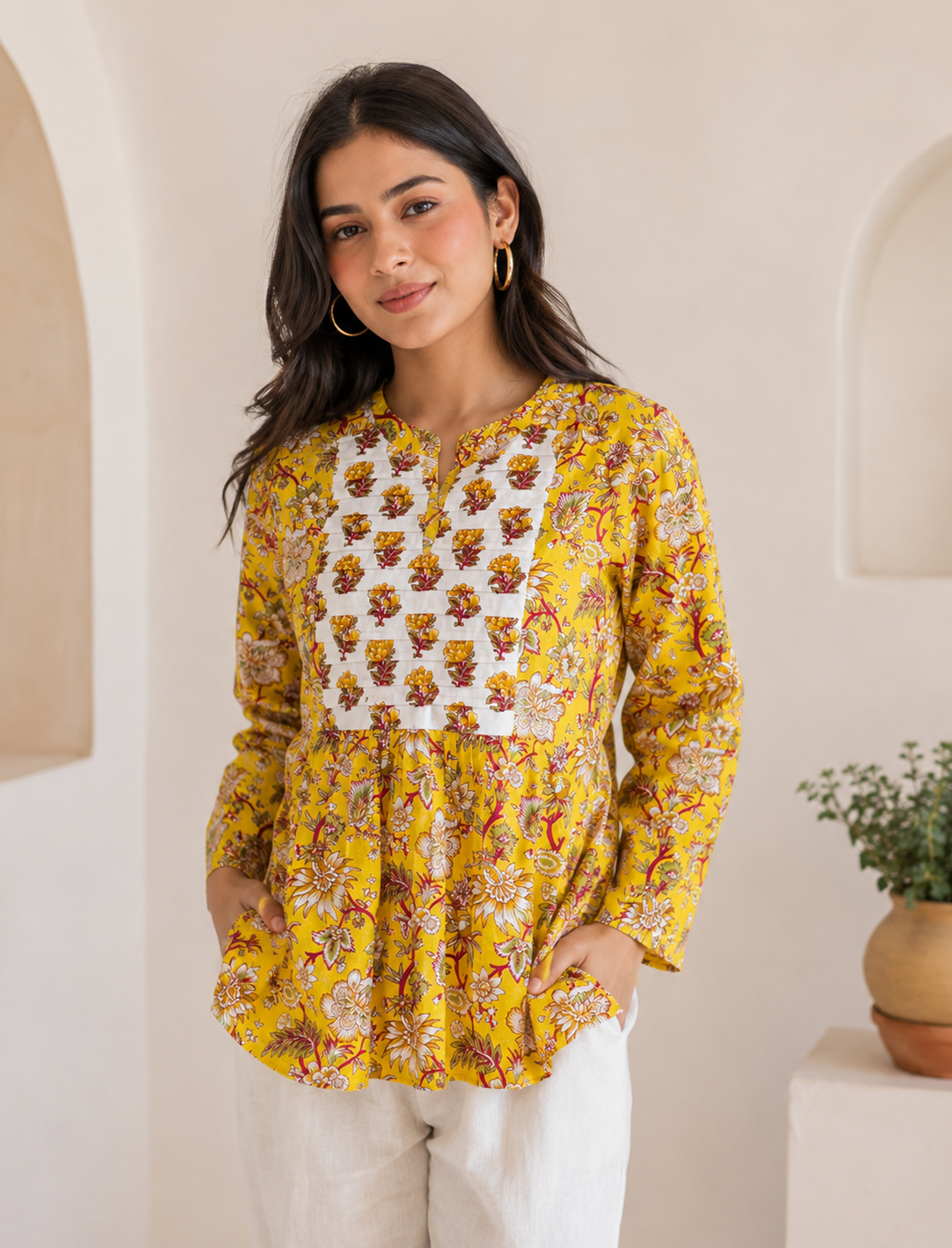 Yellow Jaal Hand Block Printed Cotton Top