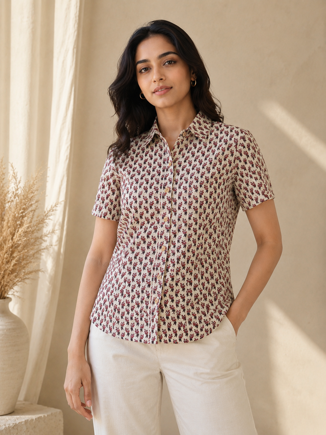 White Cotton Printed Half Sleeves Shirt For Women