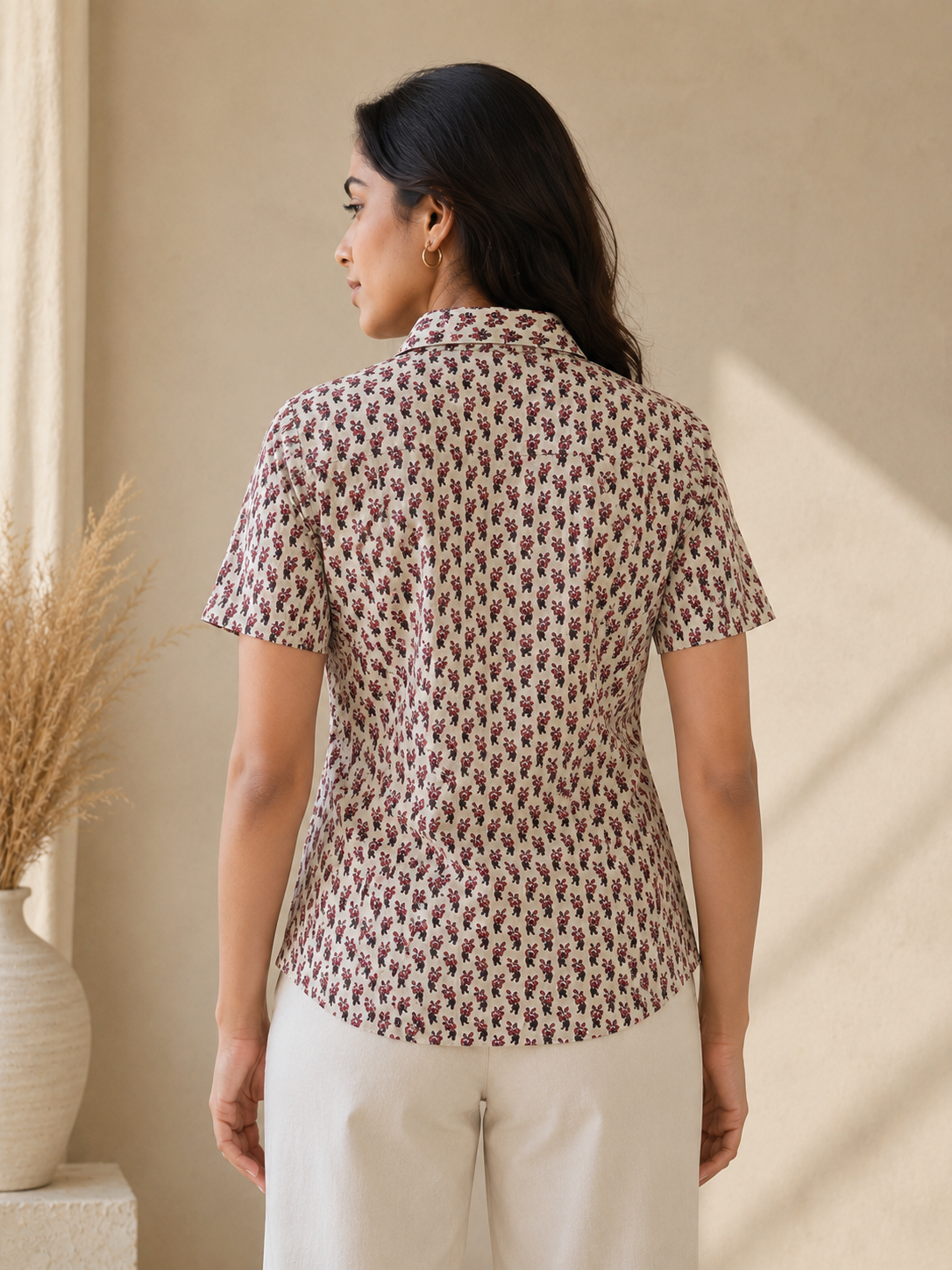 White Cotton Printed Half Sleeves Shirt For Women