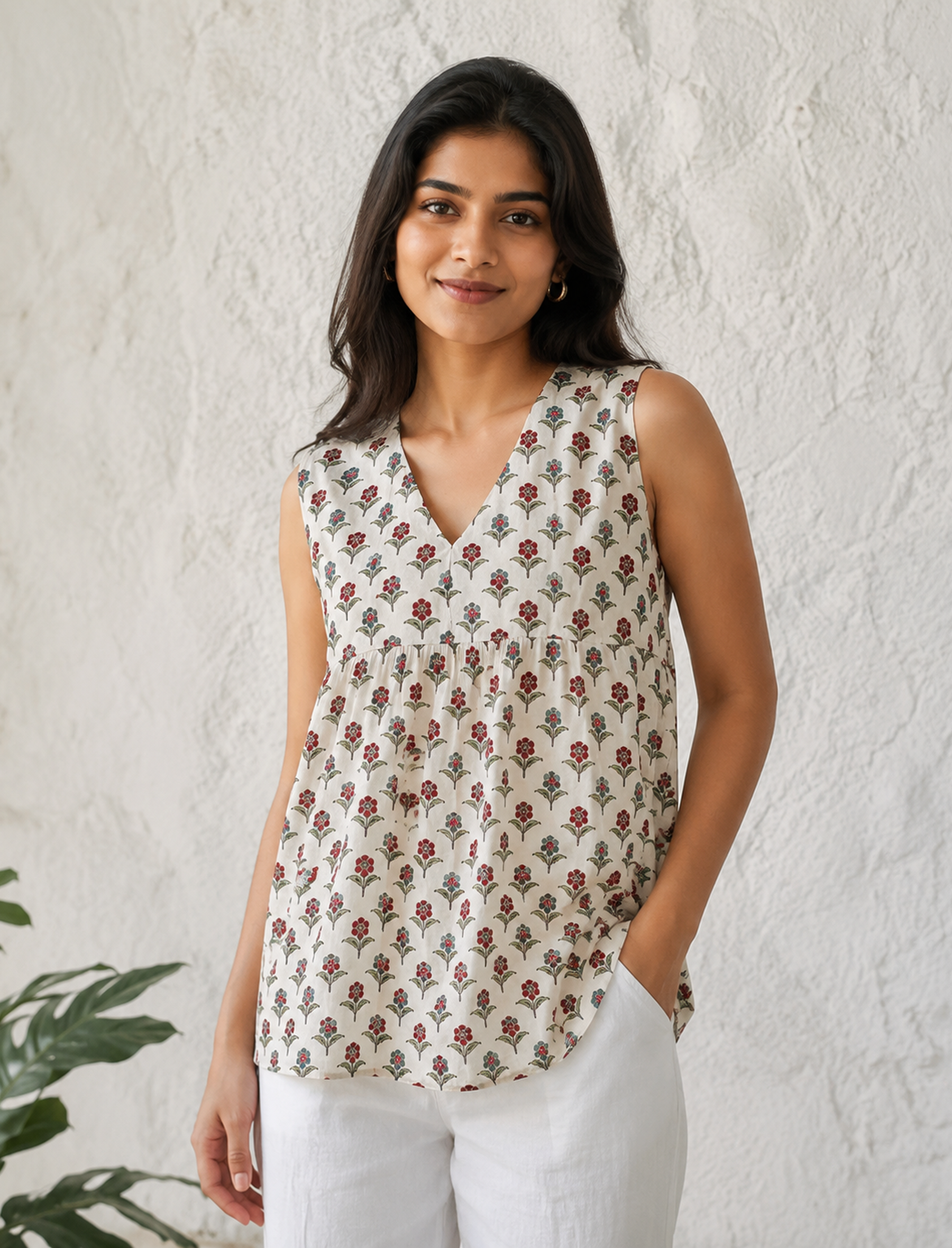 White Cotton Hand Block Printed Top