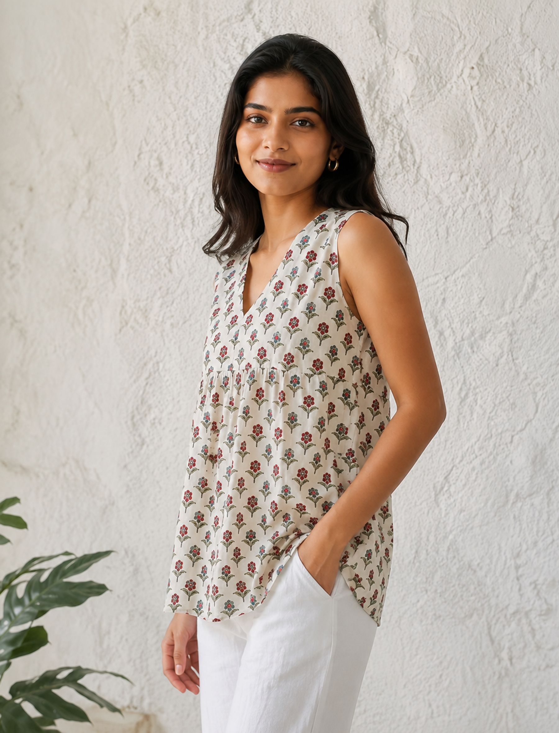 White Cotton Hand Block Printed Top