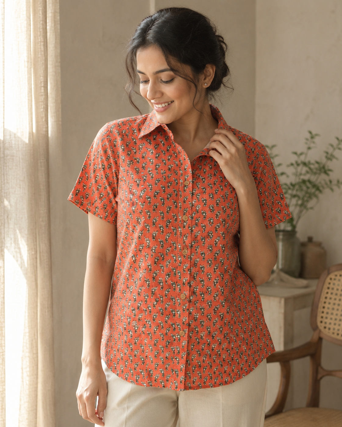 Cotton Printed Half Sleeves Shirt For Women