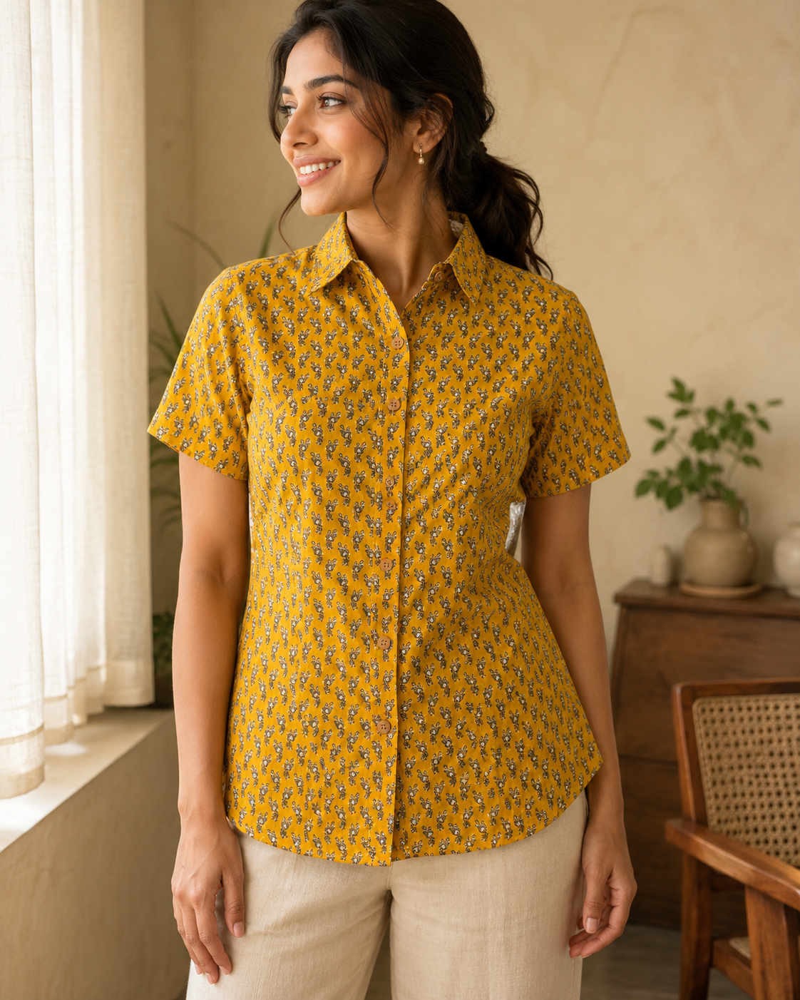 Cotton Printed Half Sleeves Shirt For Women