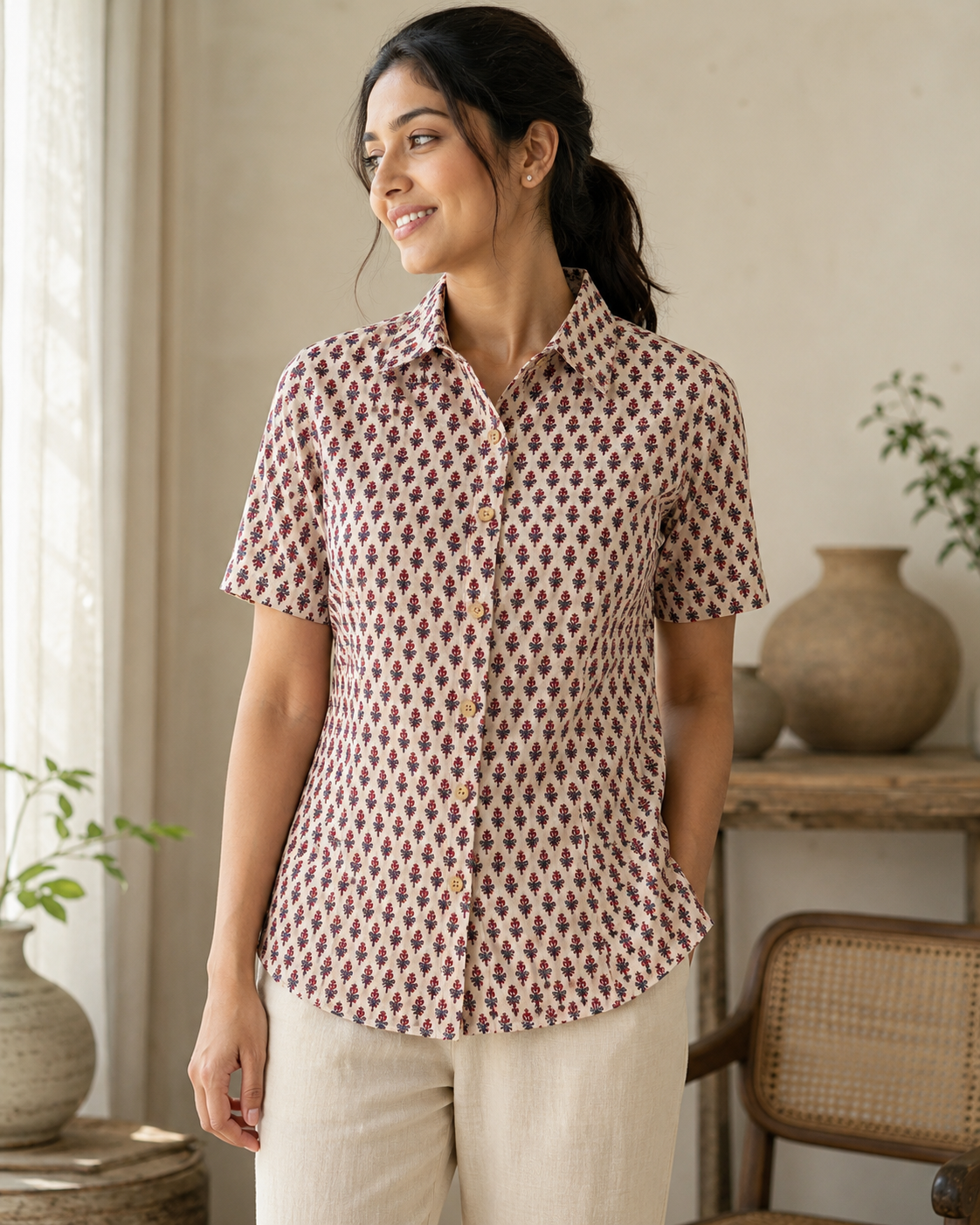 Cotton Printed Half Sleeves Shirt For Women
