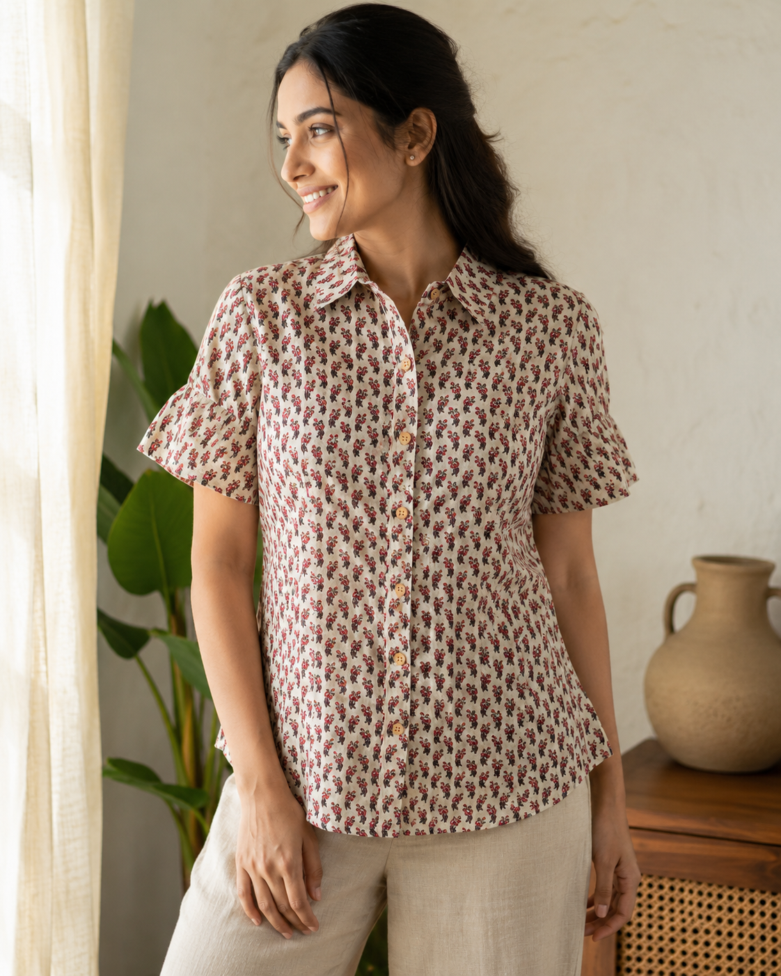 Cotton Printed Half Sleeves Shirt For Women