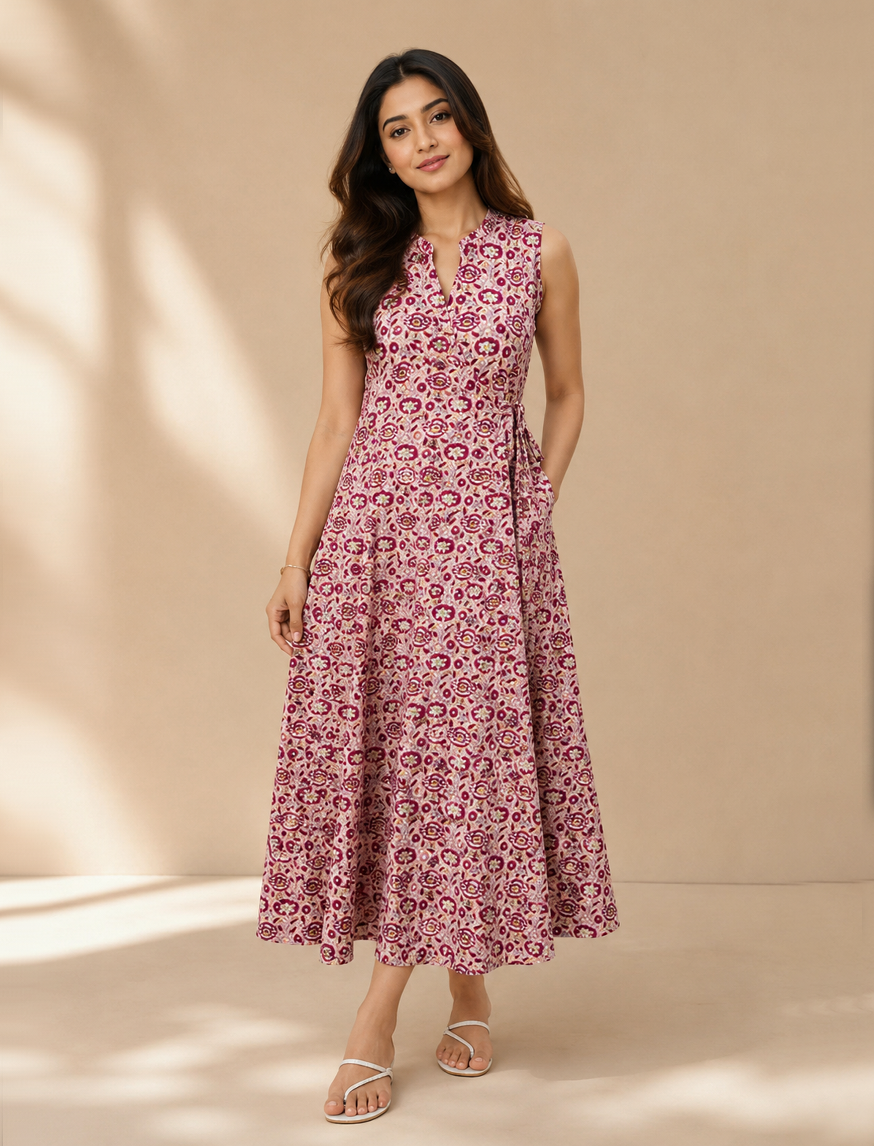 Cotton Block Printed Long Tie Wrap Dress With Side Tassles