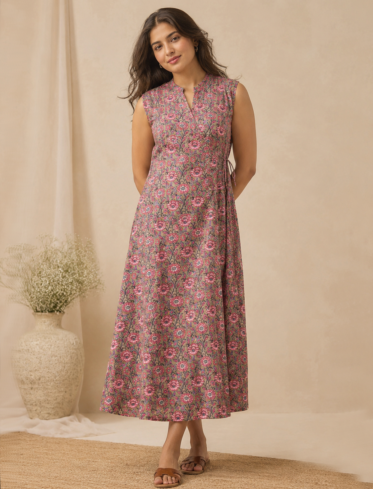 Cotton Block Printed Long Tie Wrap Dress With Side Tassles