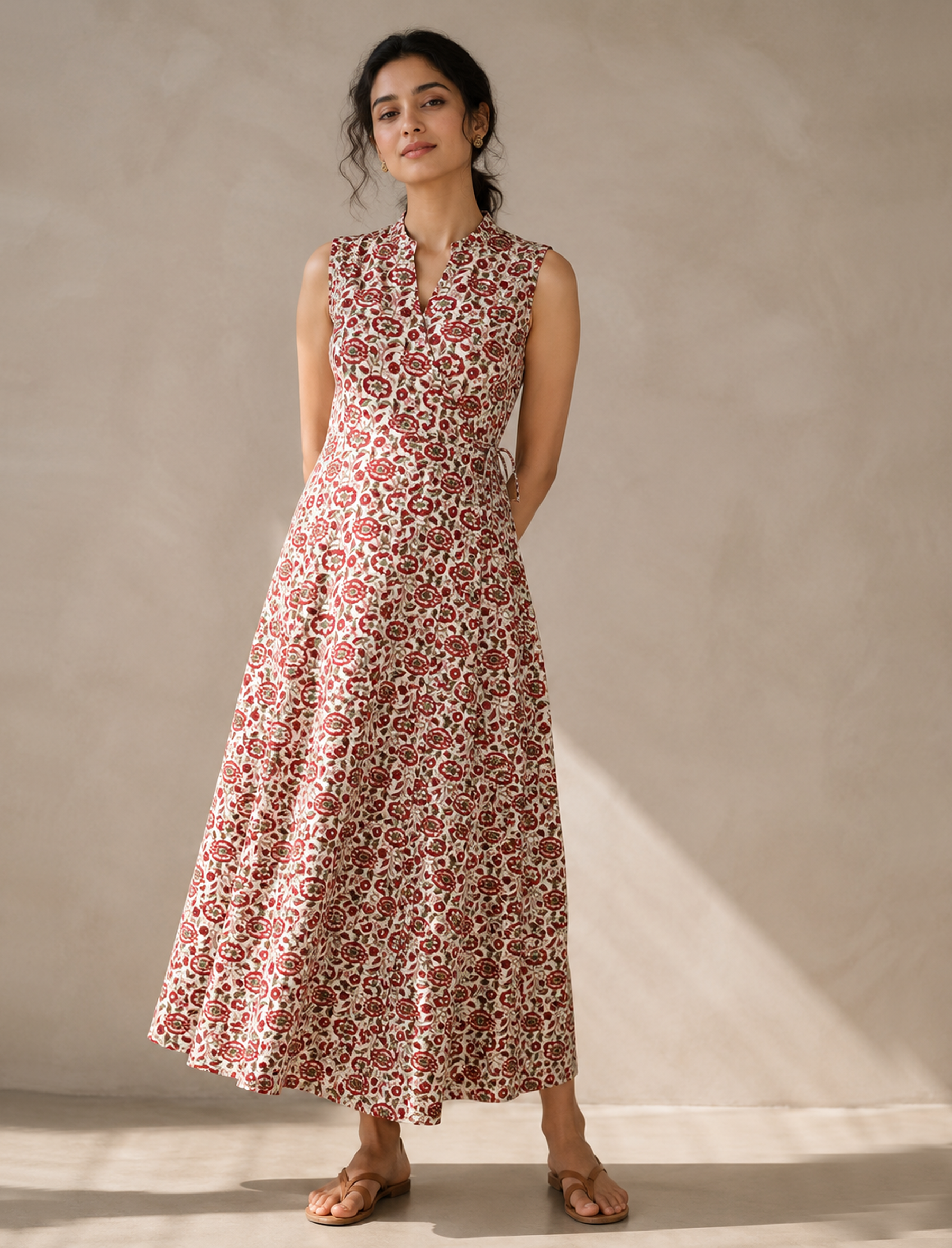 Cotton Block Printed Long Tie Wrap Dress With Side Tassles