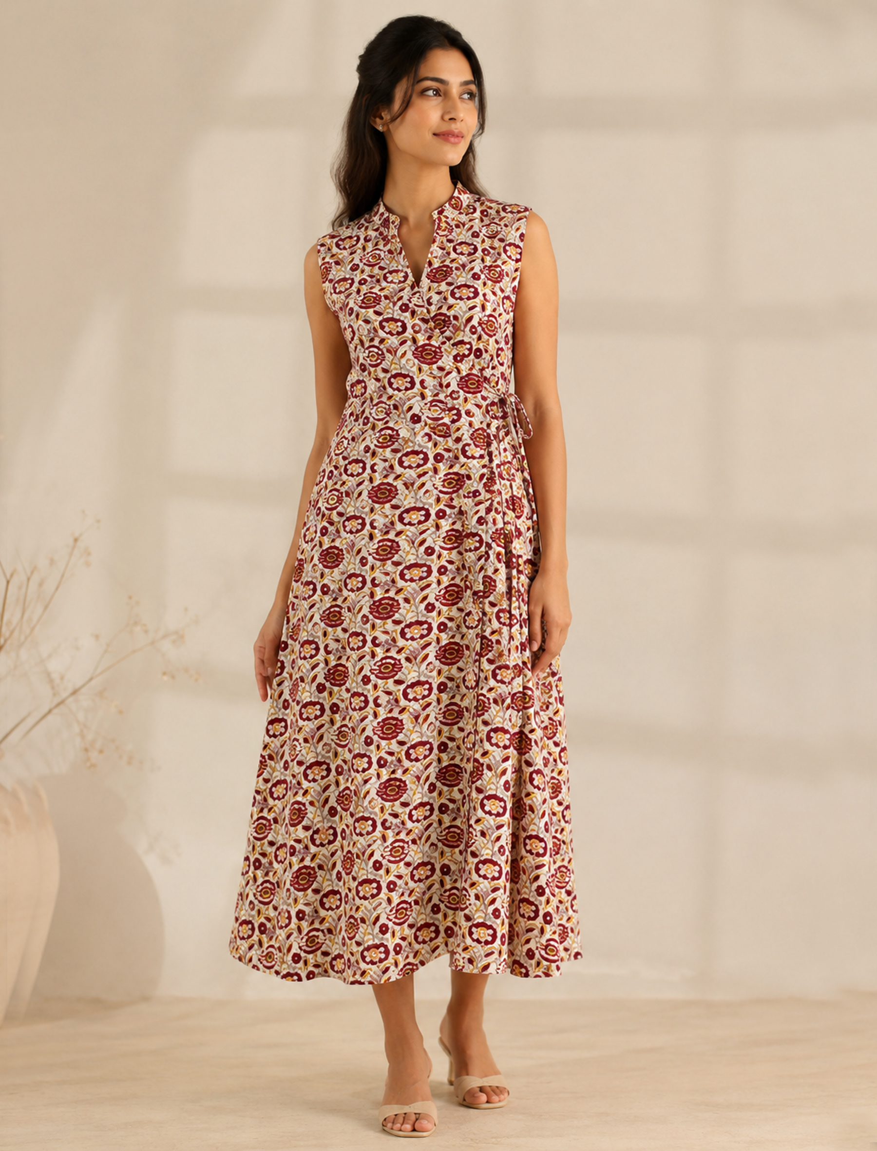 Cotton Block Printed Long Tie Wrap Dress With Side Tassles