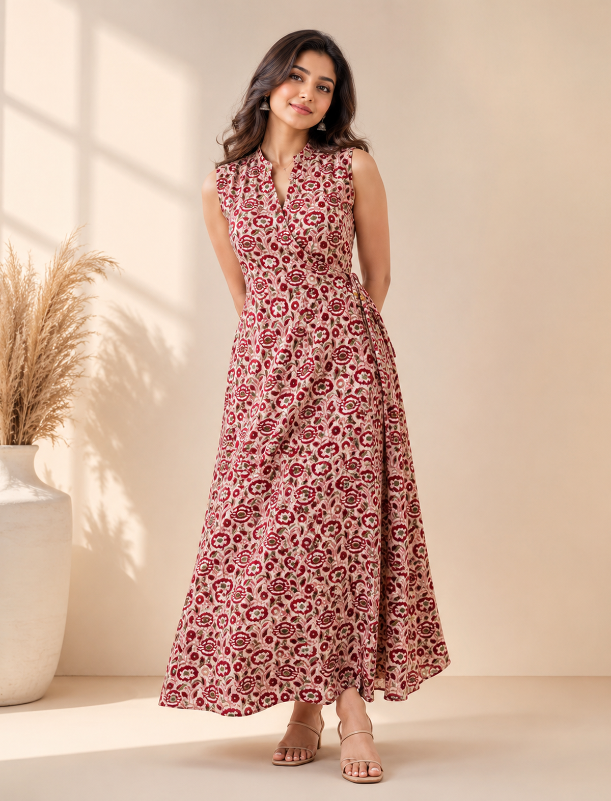 Cotton Block Printed Long Tie Wrap Dress With Side Tassles