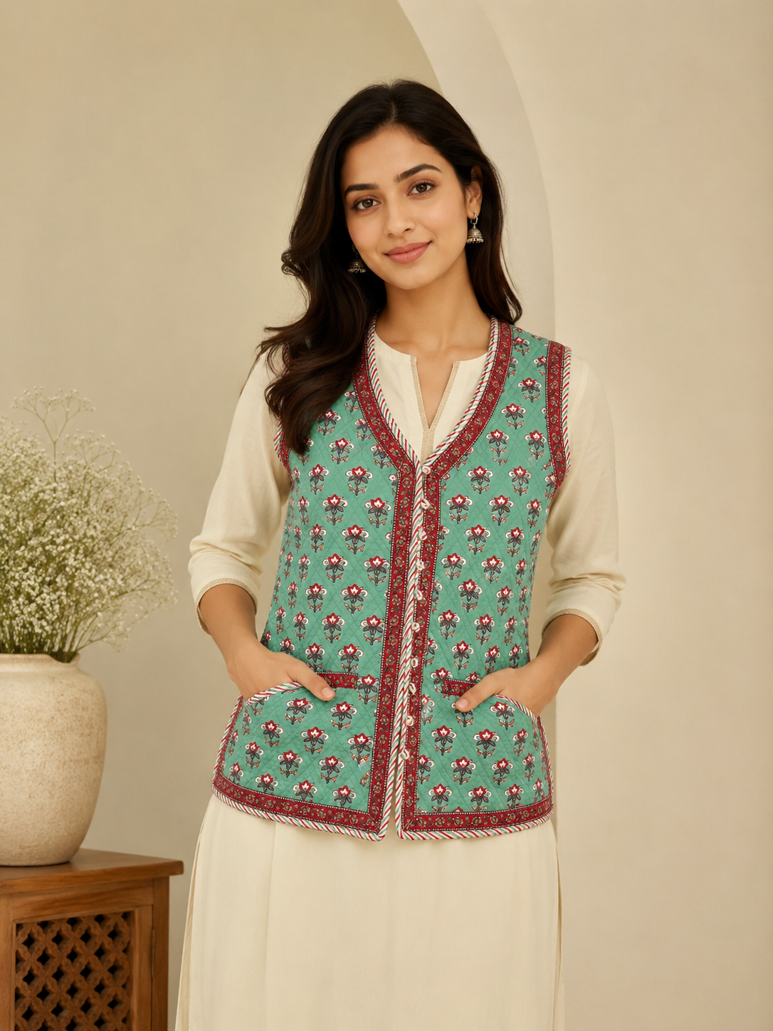 Cotton Hand Block Printed Sleeveless Jacket