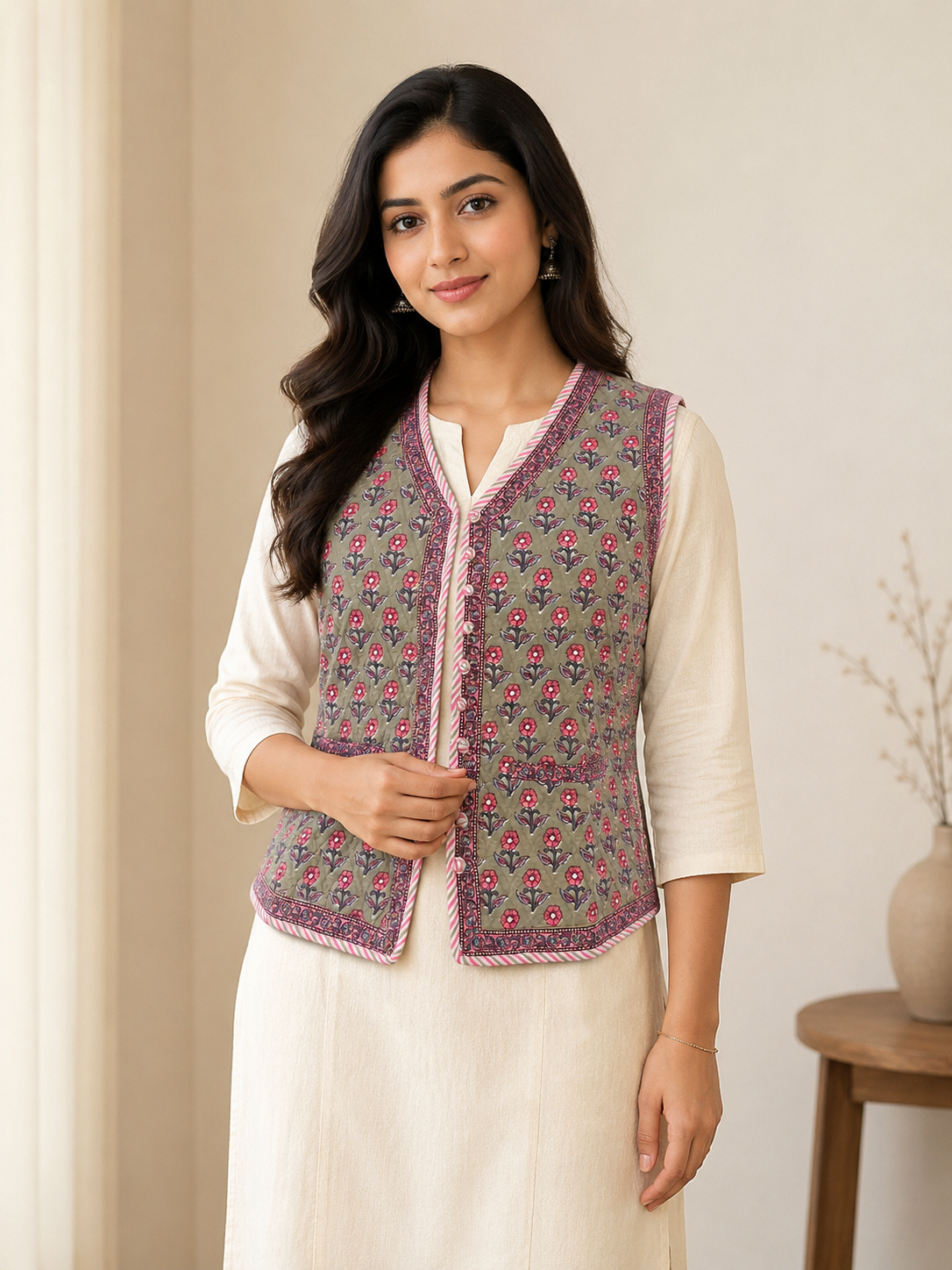 Cotton Hand Block Printed Sleeveless Jacket